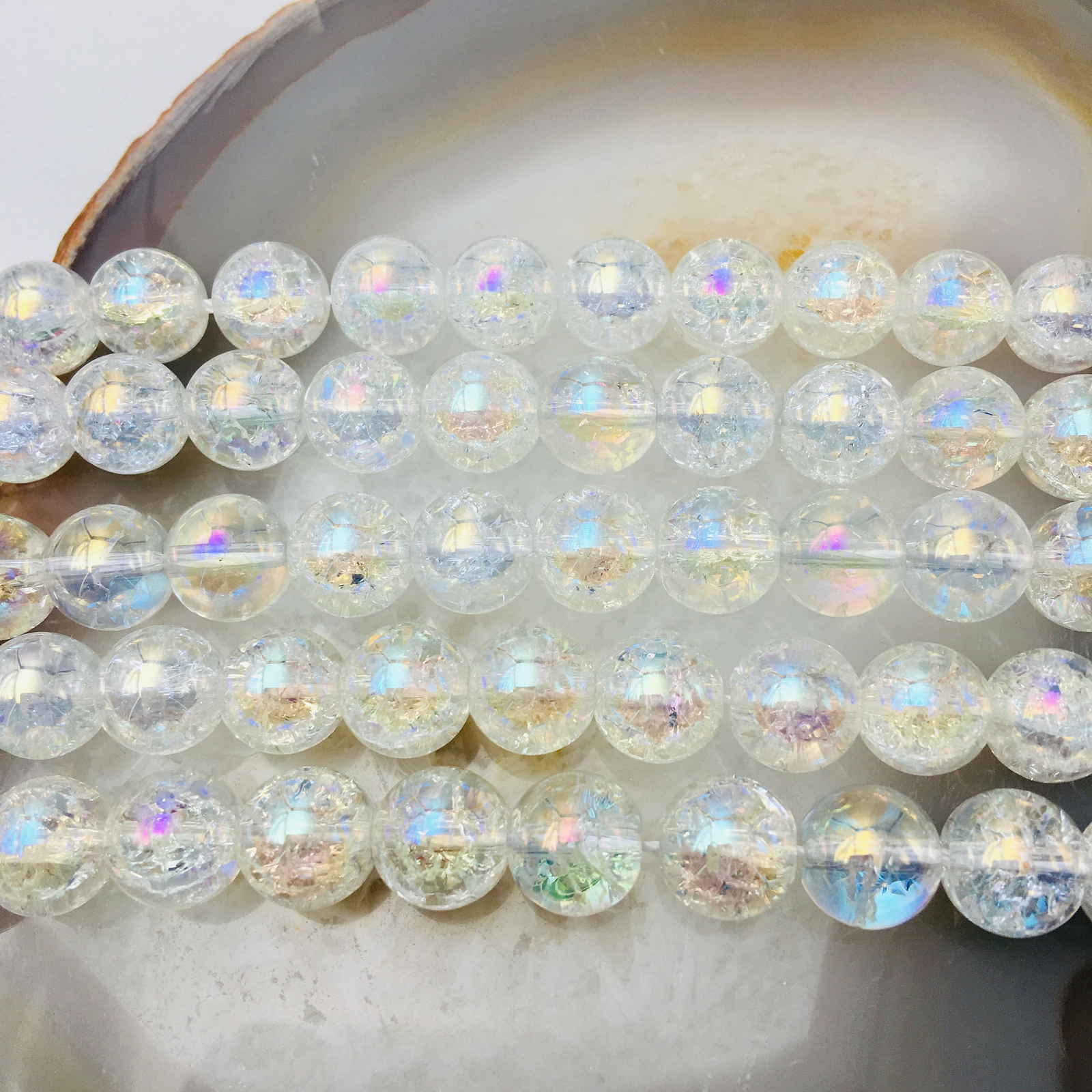 AB Coated Crackle Quartz Crystal Smooth Round Beads 6mm 8mm 10mm 15.5″ Strand