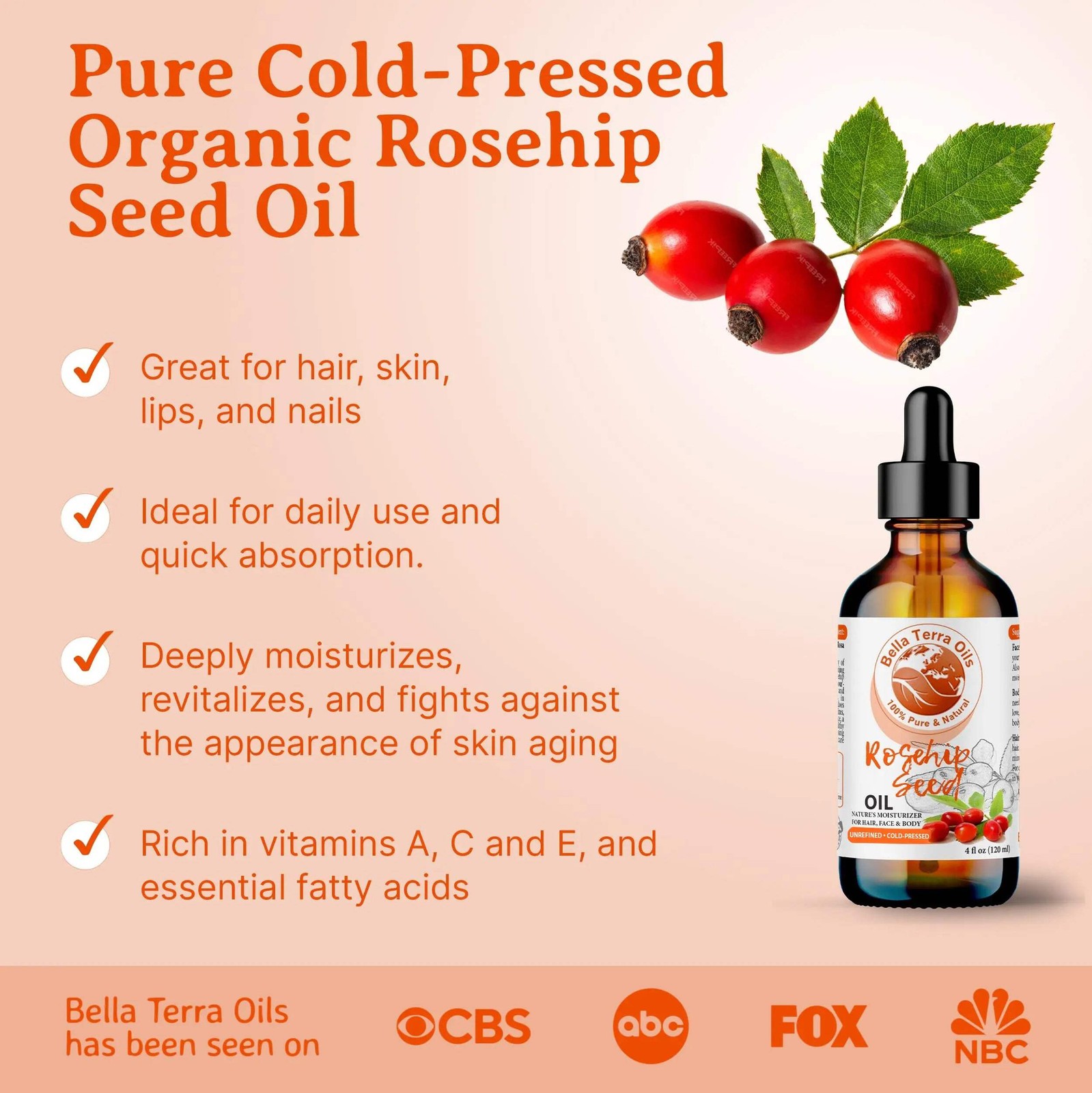 Rosehip Seed Oil: Cold-Pressed, Pure, Ideal for Skin Regeneration and Care