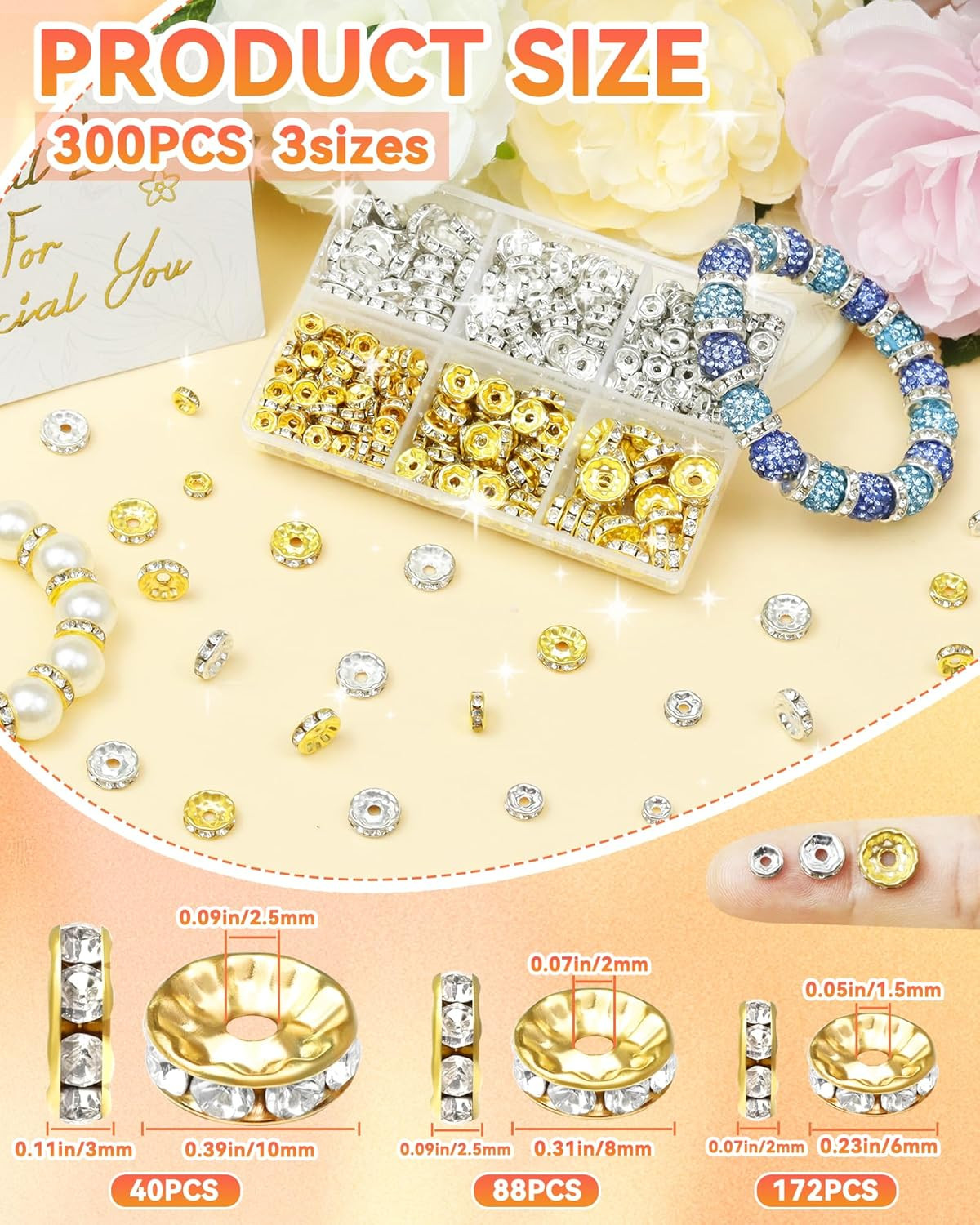 FIVEIZERO 300PCS Silver Rhinestone Rondelle Spacer Beads | 6/8/10Mm Sizes, 1.5/2