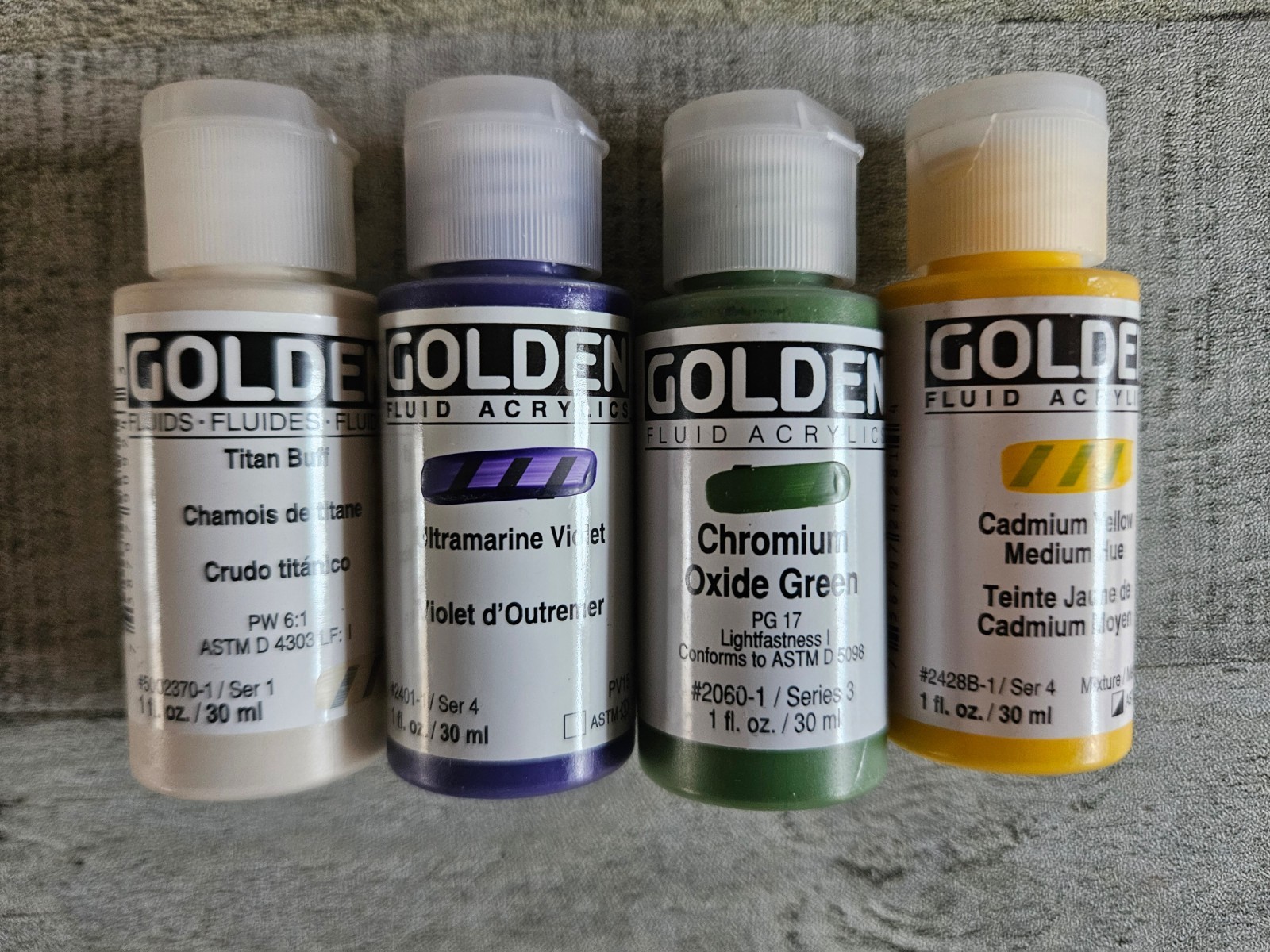 4 Golden Fluid Acrylics Paint 1-oz~ Cad Yellow Oxide Chr Green Violet Titan Buff