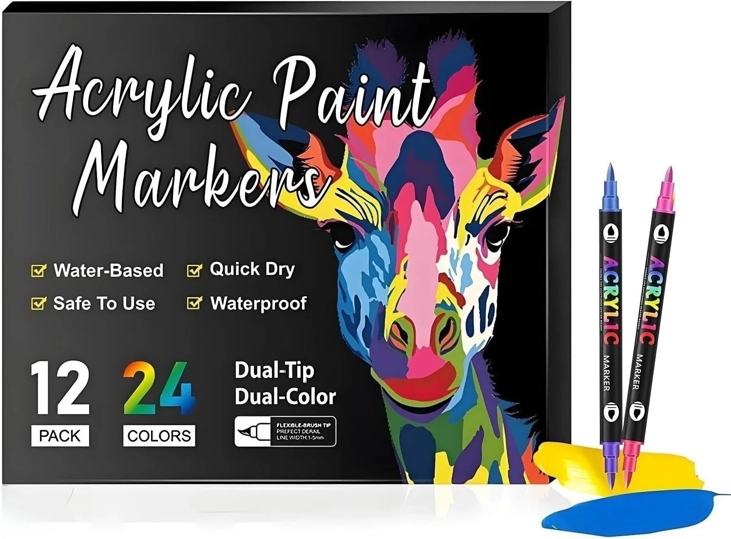 24 Color Acrylic Paint Marker Pen Set Dual Brush Tip Permanent Waterproof Opaque