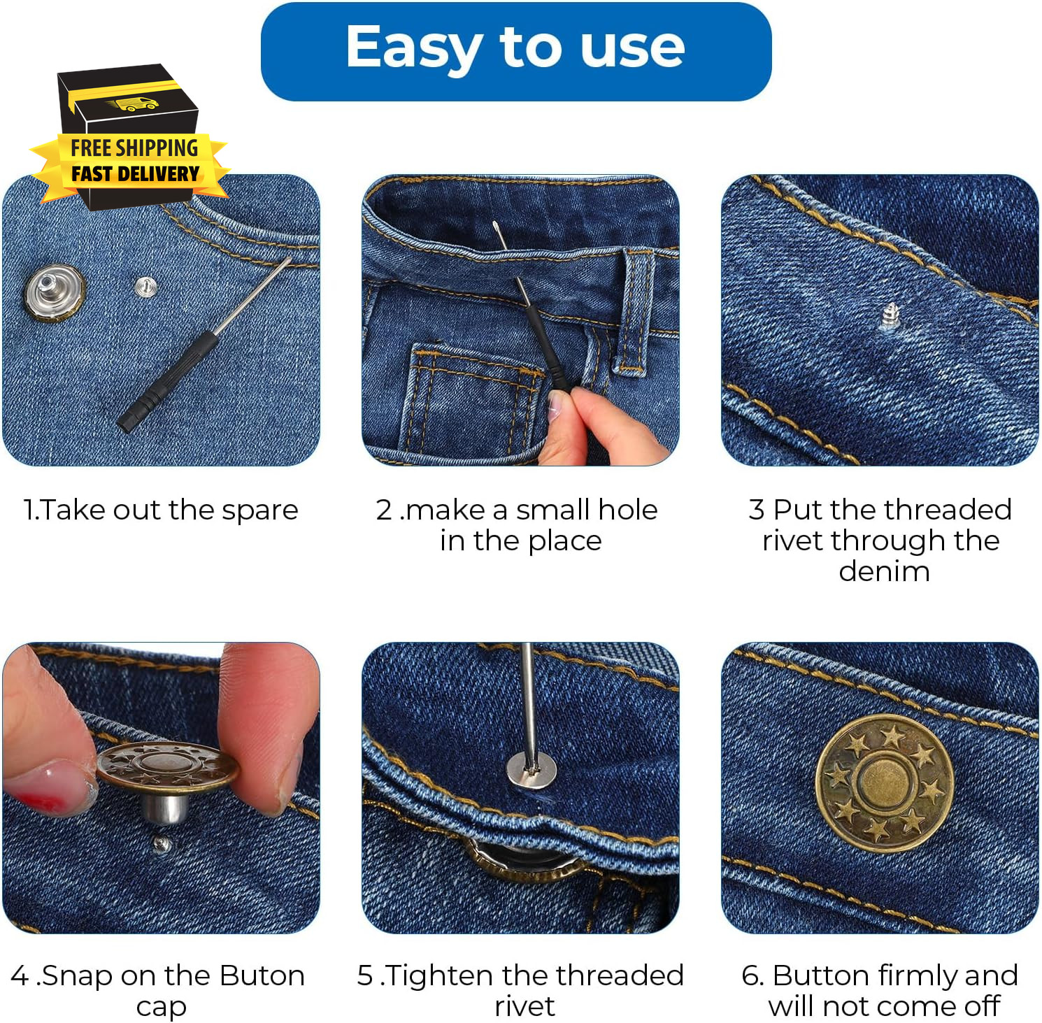 16 Sets Adjustable Buttons for Jeans, 20Mm No Sew Instant Metal Jeans Button Rep