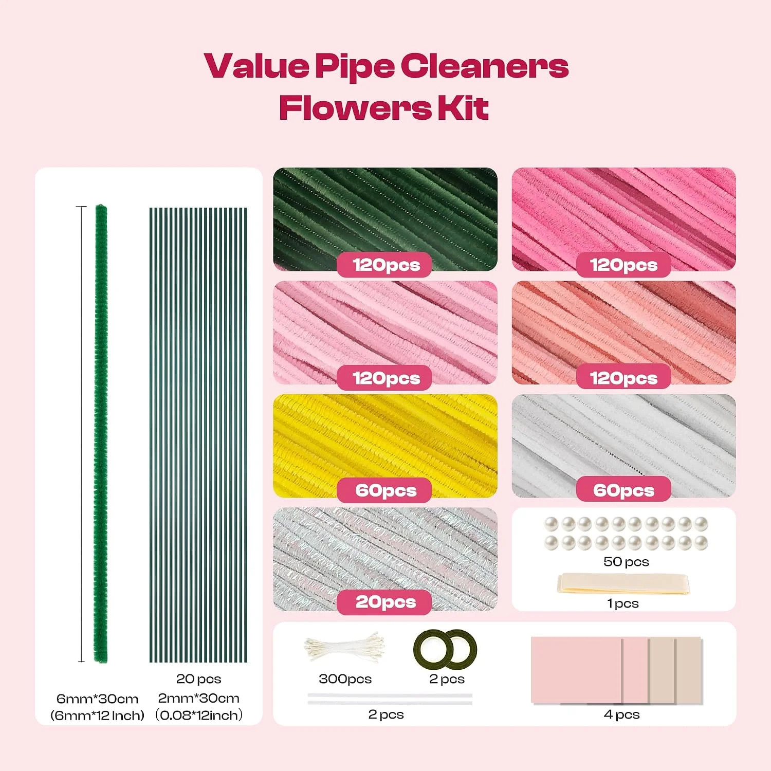 700 Pcs Pipe Cleaner Flower Kit 7 Colors 6mm x 30cm Pink