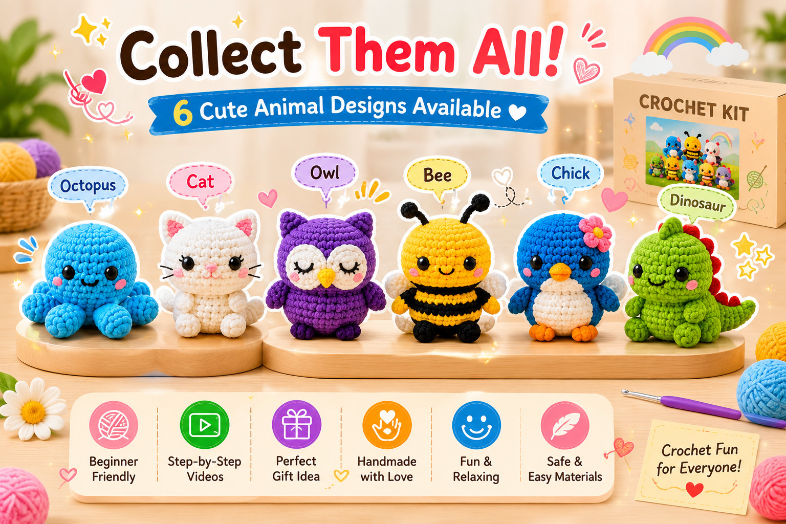 6PCS Crochet Kit for Beginners Animal Amigurumi DIY Craft Set w/ Videos