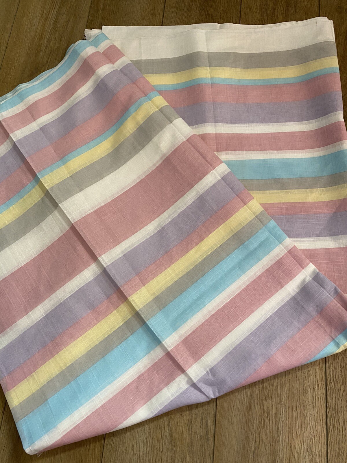 VTG WIDE Pastel Stripe Purple Yellow Pink Cotton Fabric Linen Texture 58″W BTY