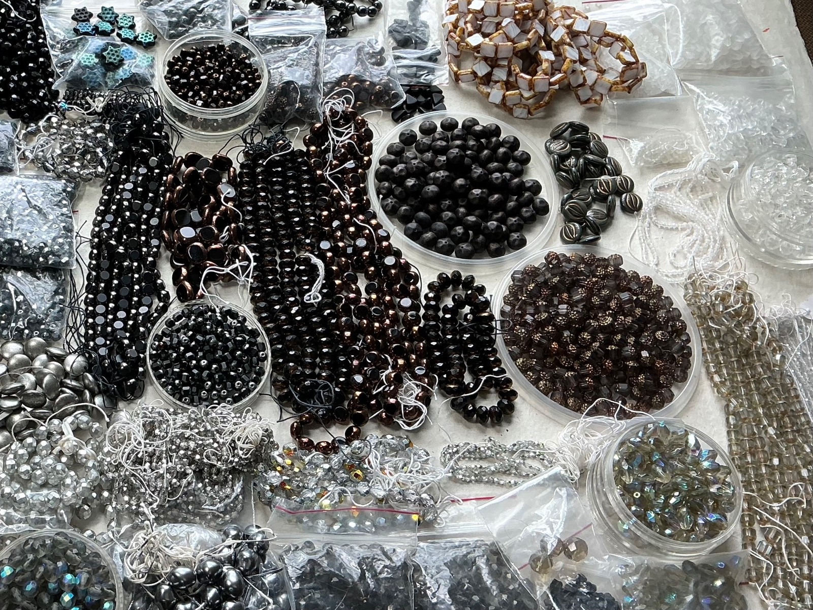 Czech Glass Bead Lot Black Silver Crystal Neutral Faceted Designer Strand Mix