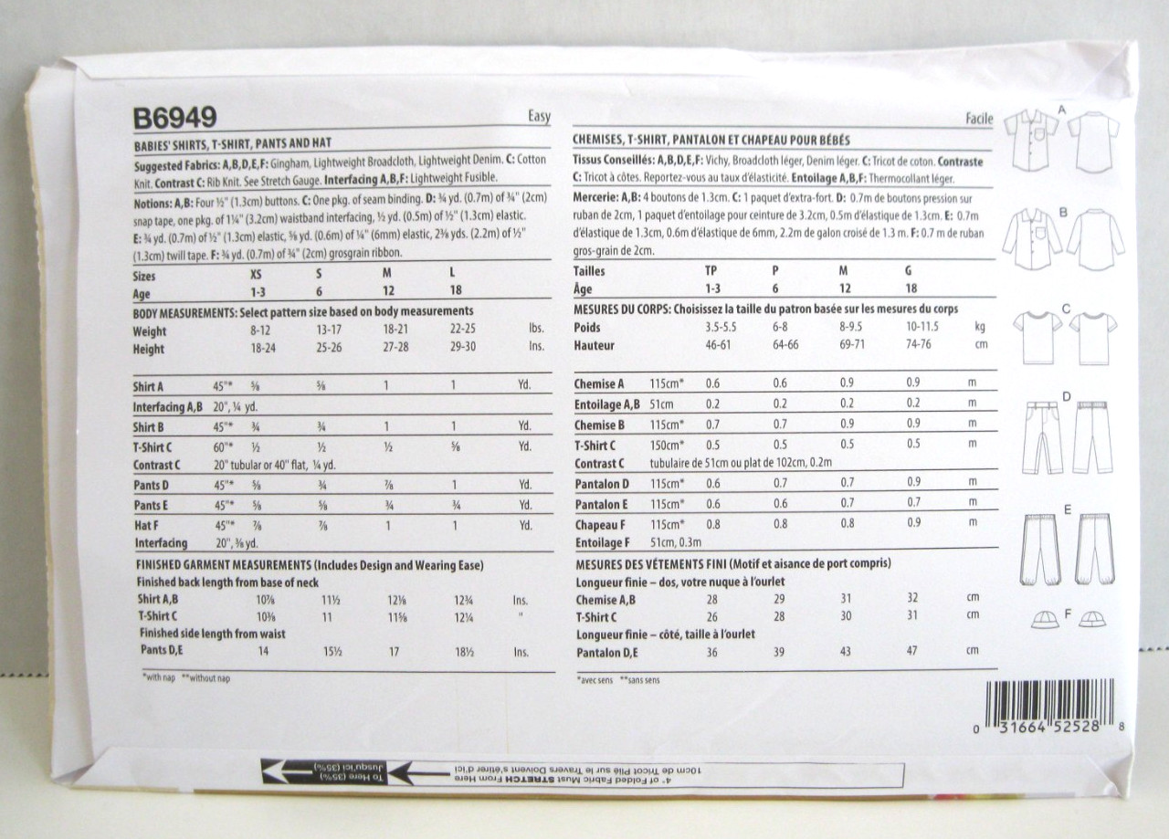 Butterick 6949 Easy Shirts, T-Shirt, Pants & Hat Pattern Baby XS – Lg (1-18 Mo.)