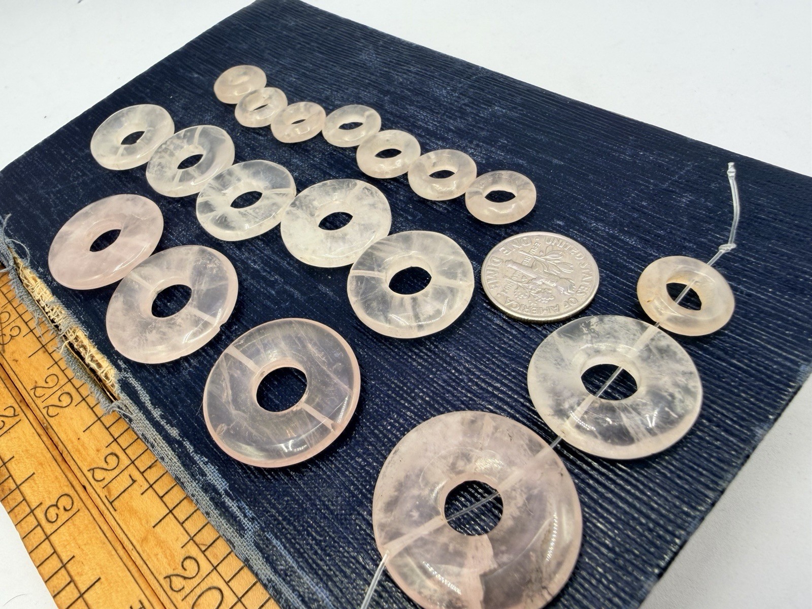 18 Pcs Vintage Carved Rose Quartz Beads Drilled Donuts Cages Mixed Size Artisan