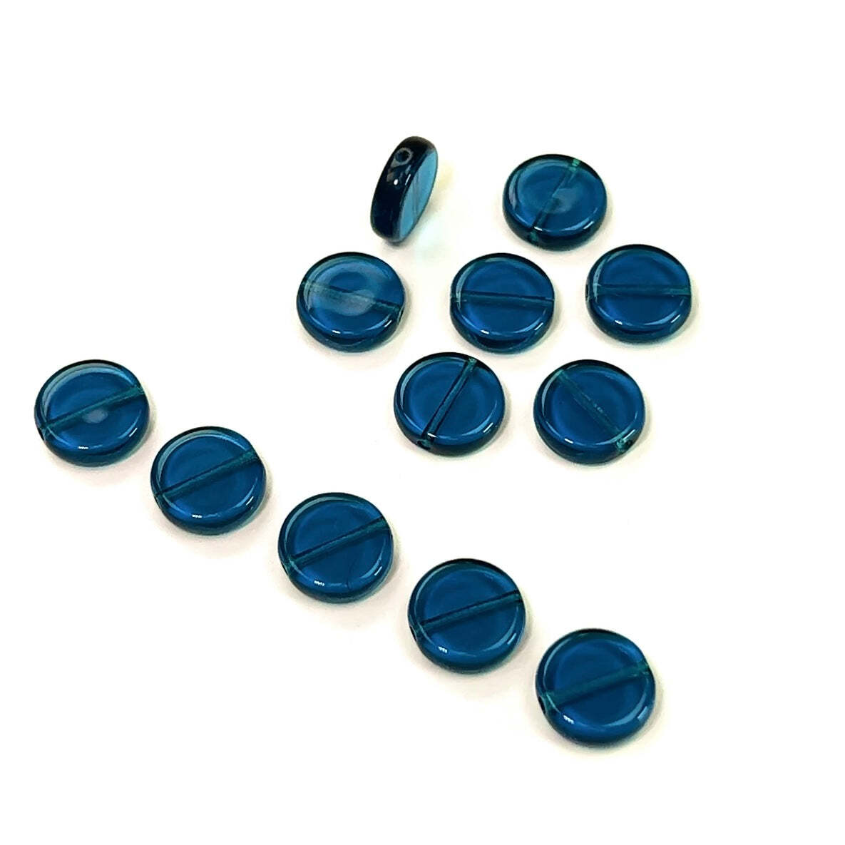 Czech Glass Druk Beads in size 10mm Flat Disc Dark Aqua blue color 50pcs J054