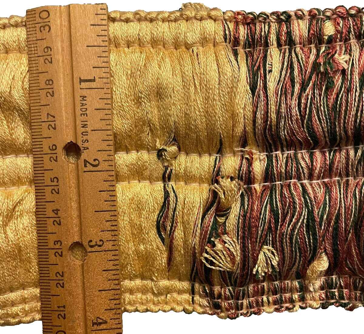 2-TONE FRINGE LOT, 2 pcs. YELLOW/MULTI 1¾” x 15″ (30″); 1¾” x 1 yd – Flaws – #50