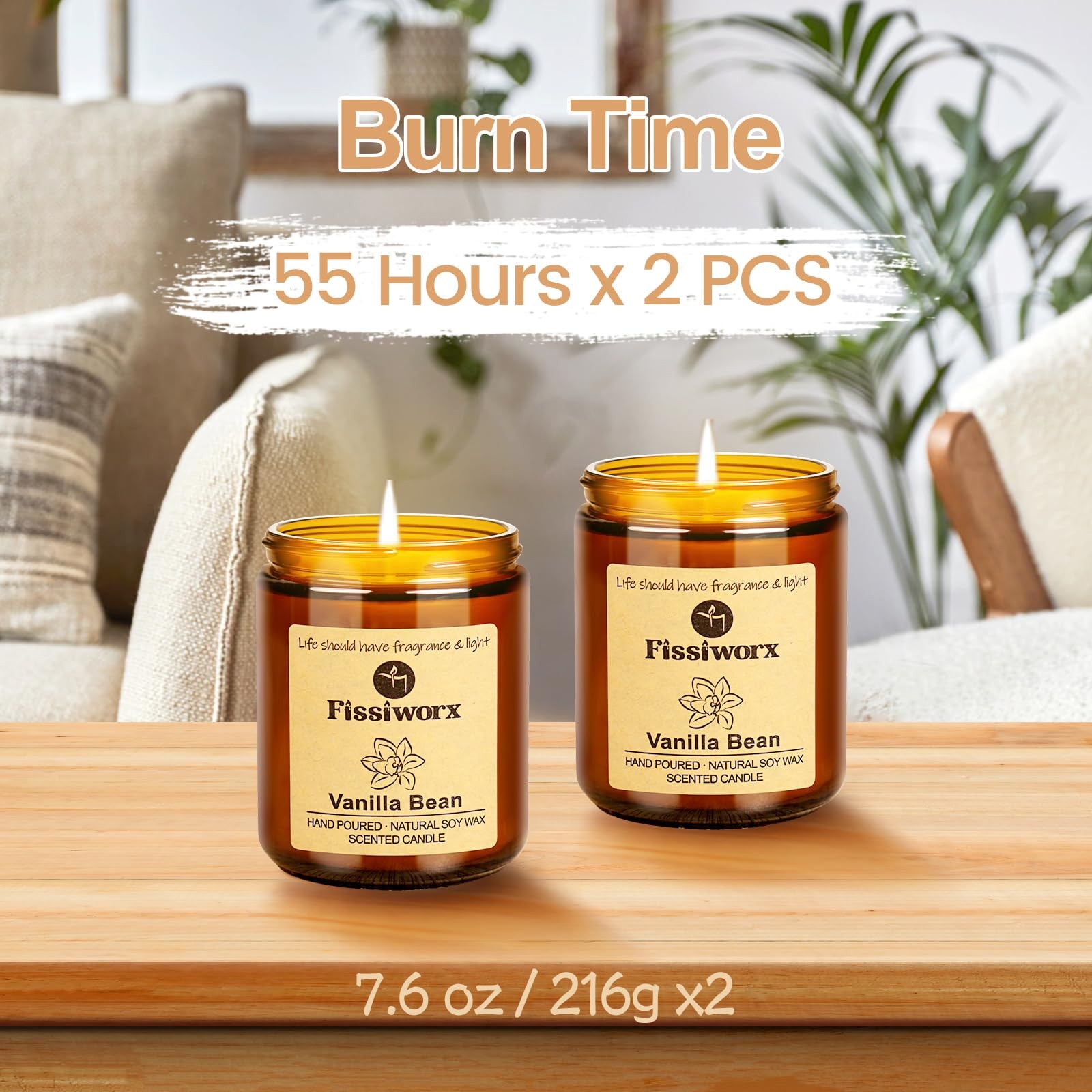 Fissiworx Vanilla Scented Candle Set 2 Pack, for Home 2