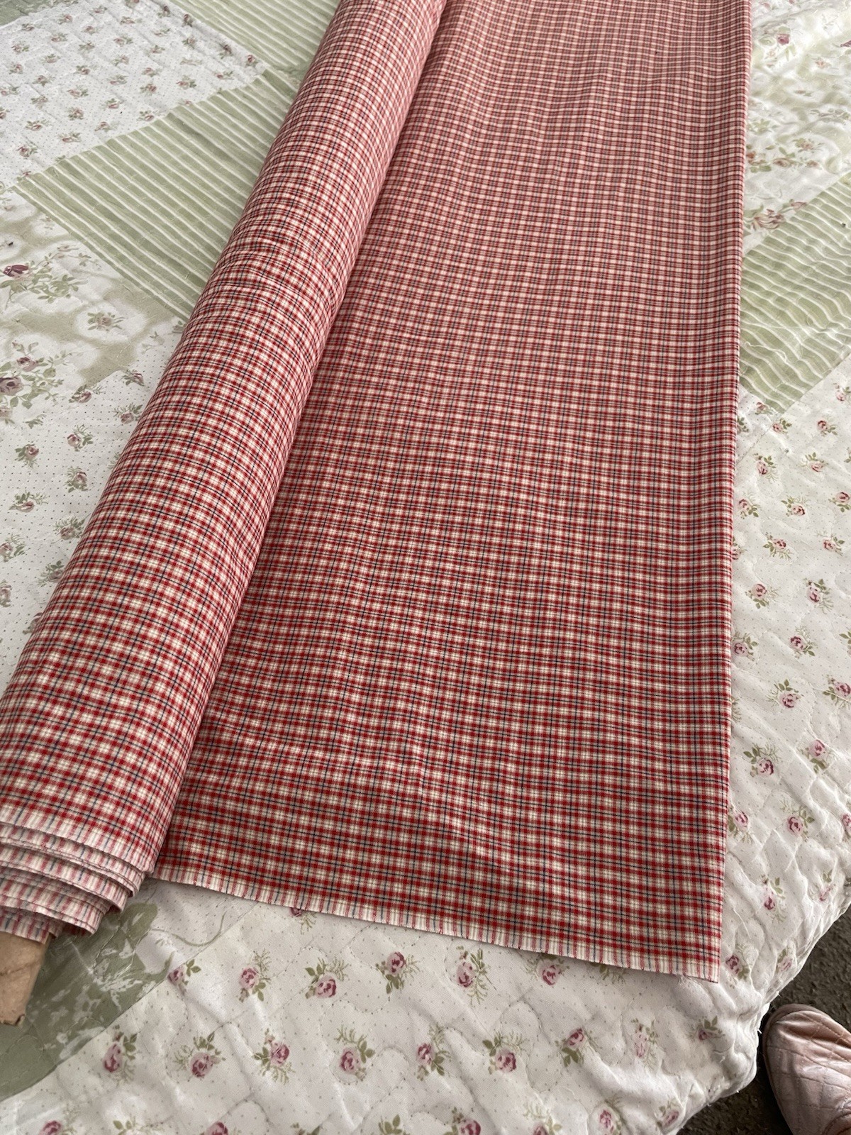 HOMESPUN New Old Stock Red White Blue Plaid Fabric Cotton BTY