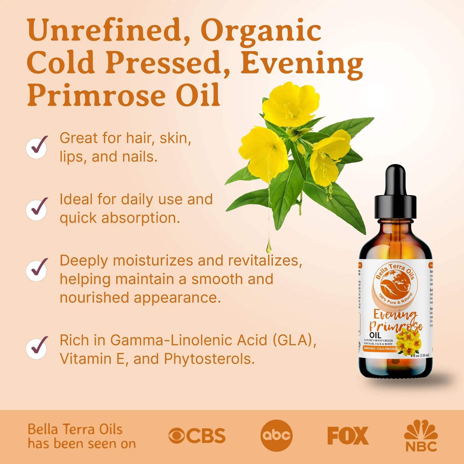 Organic 8oz Evening Primrose Oil – Pure, Cold-Pressed, All-Natural Oil for Beaut