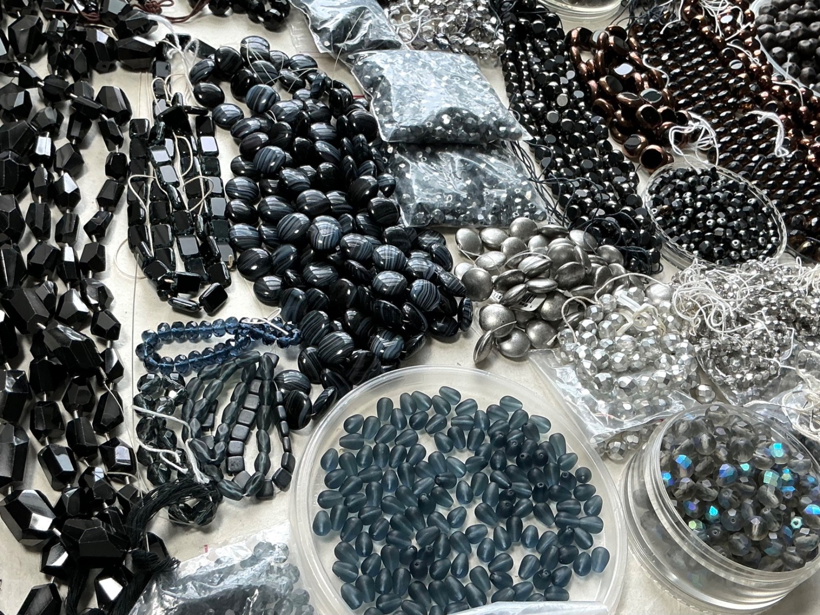 Czech Glass Bead Lot Black Silver Crystal Neutral Faceted Designer Strand Mix