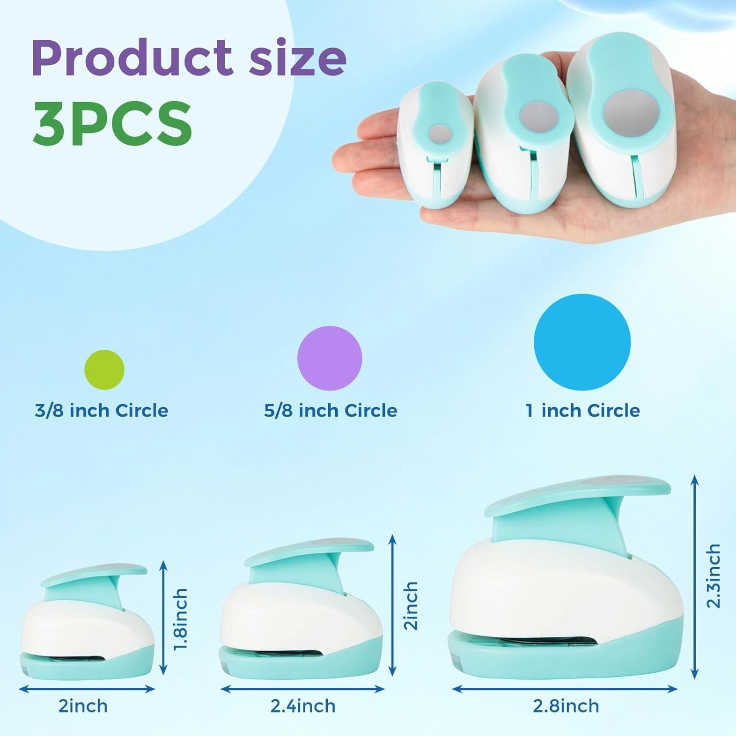 3PCS Circle Paper Punch Set, 1″ 5/8″ 3/8″ Hole Punch for Scrapbook DIY Craft