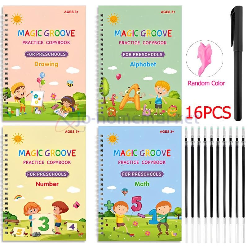4 Magic Grooved Writing Practice for Kids Ages 3-8, Reusable Grooved Handwriting