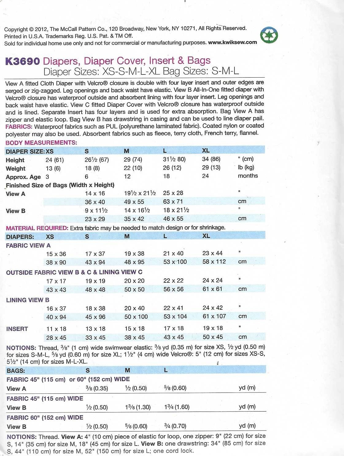 Infant Baby Cloth Diaper Cover & Insert Sewing Pattern UNCUT Size 3-24 Months