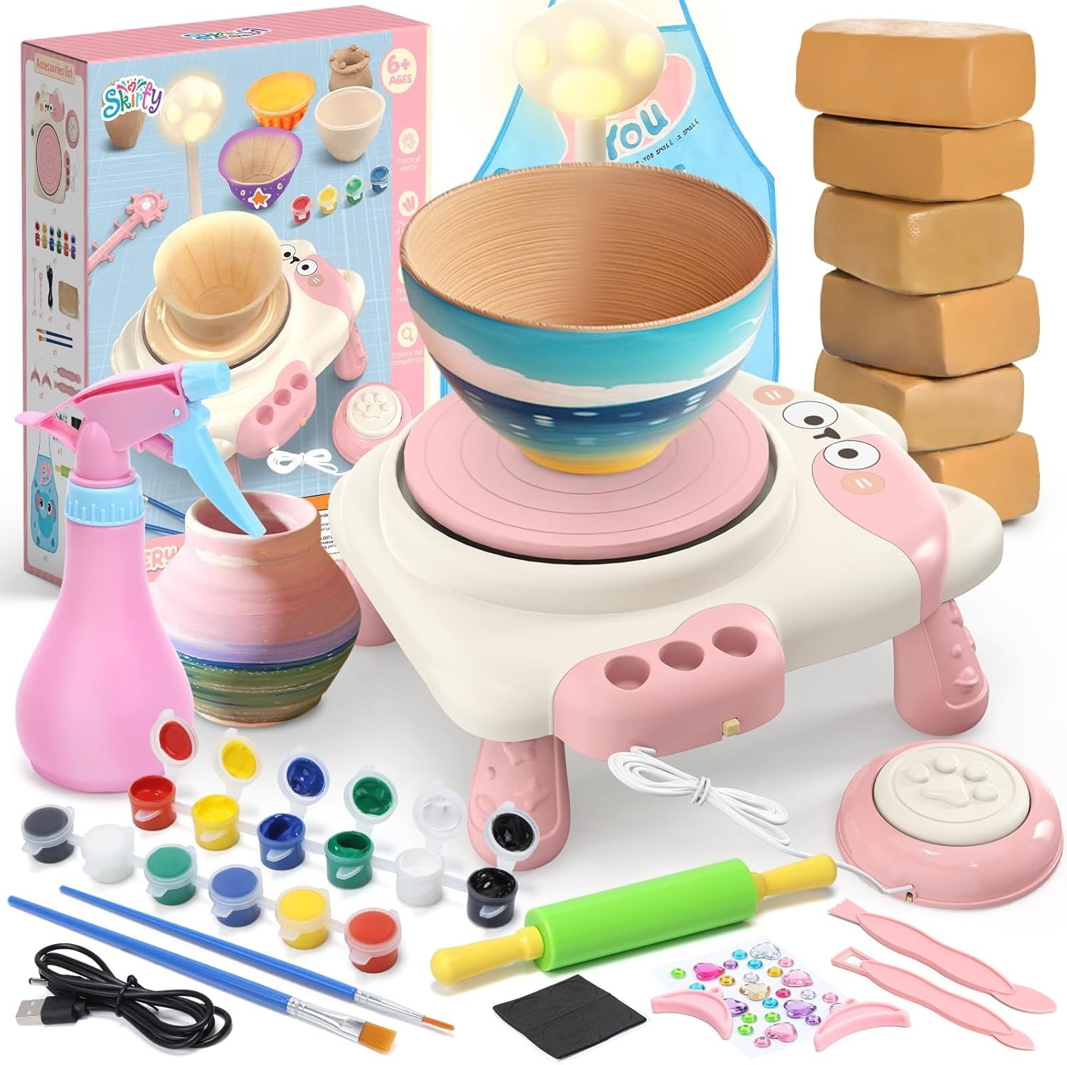 Complete Pottery Wheel Kit for Kids Ages 6-12 – Light, Clay & Painting Extras