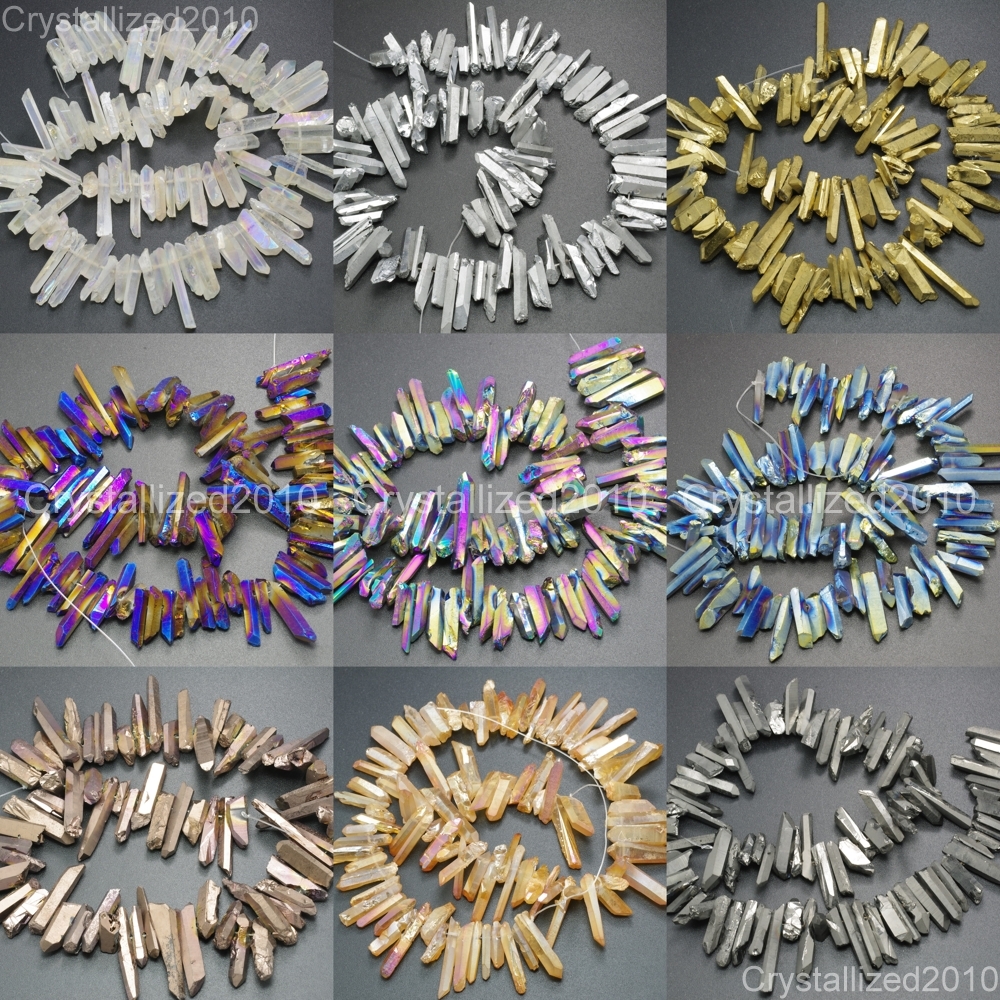 Metallic Titanium Coated Natural Quartz Crystal Stick Spike Pointed Beads 16”