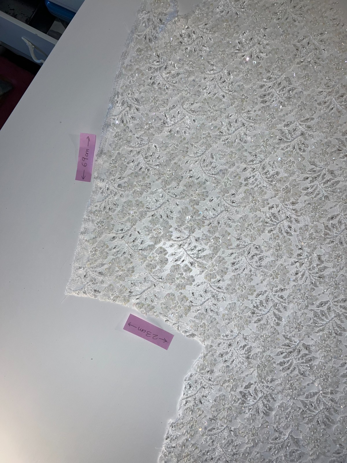 White & Ivory Beaded Sequin Floral Lace Wedding Bridal Fabric 16 remnant pieces