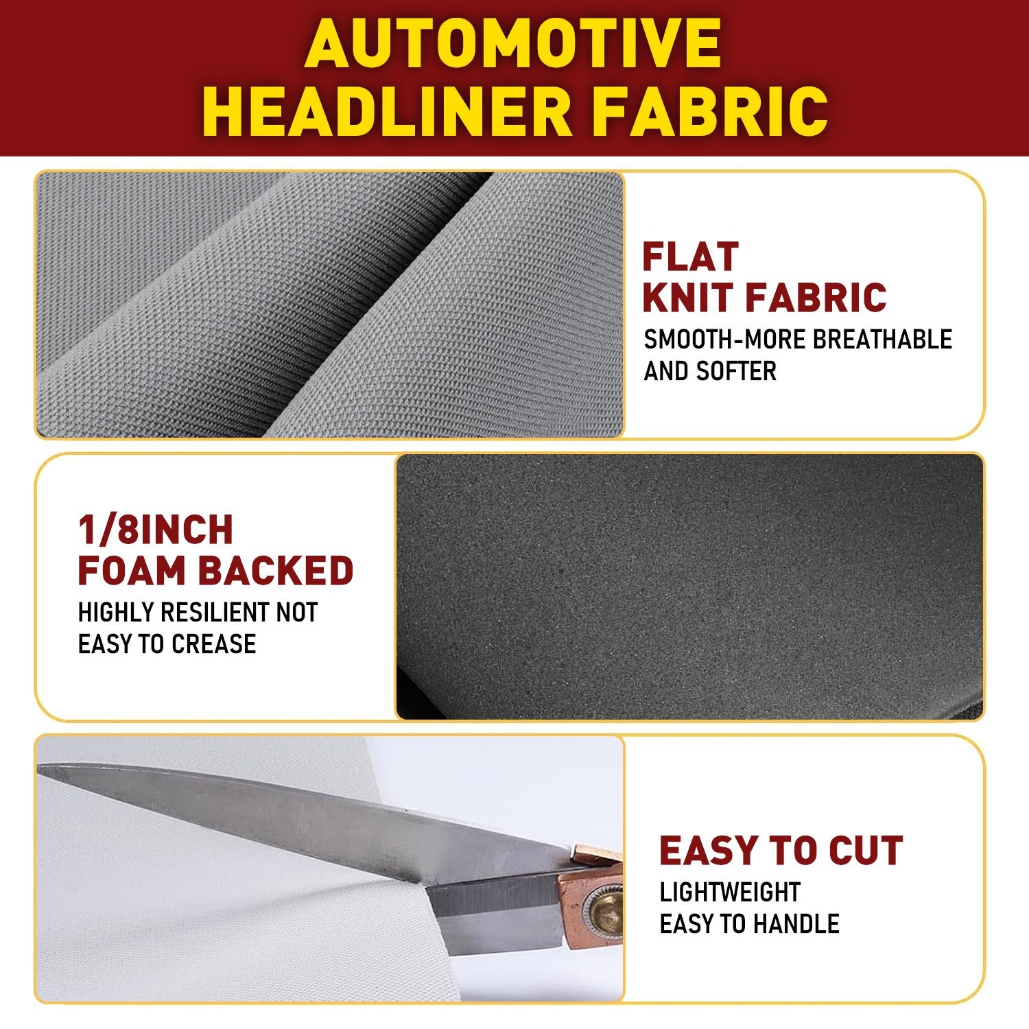 1/8″ Thick Flat Knit Headliner Fabric Foam Auto Roof Repair Upholstery Material