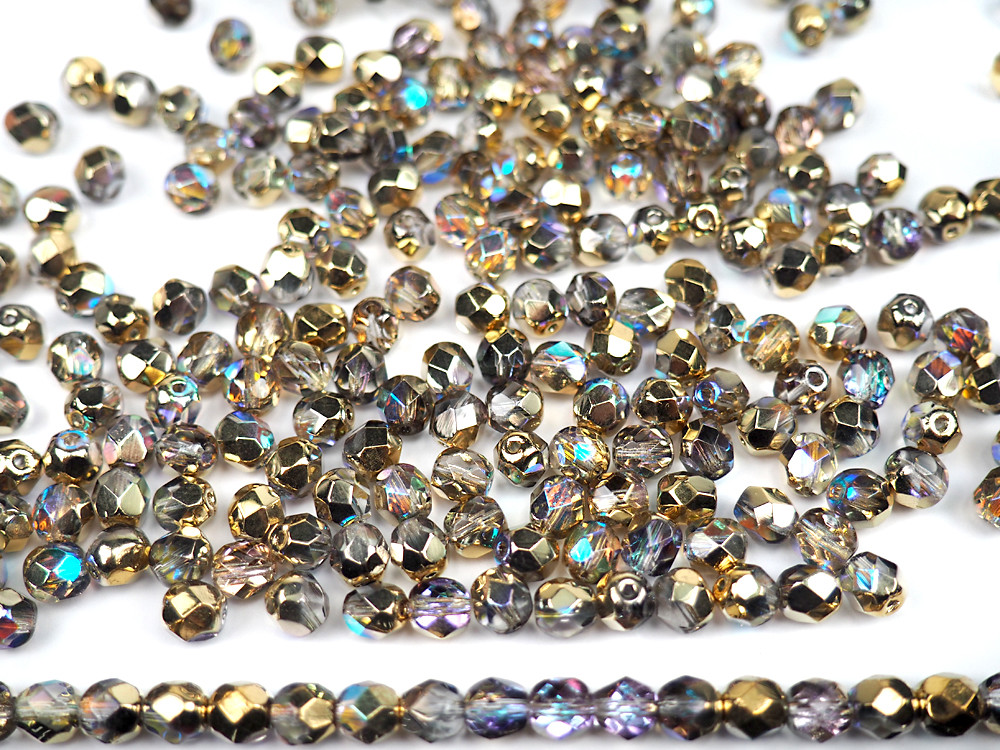 Czech Glass Fire Polished Round Faceted Beads, Crystal Golden Rainbow 3-4-6-8mm