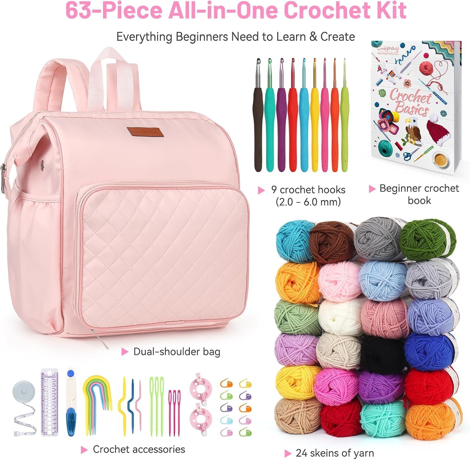 Beginner Crochet Kit for Adults with Tools & Bag