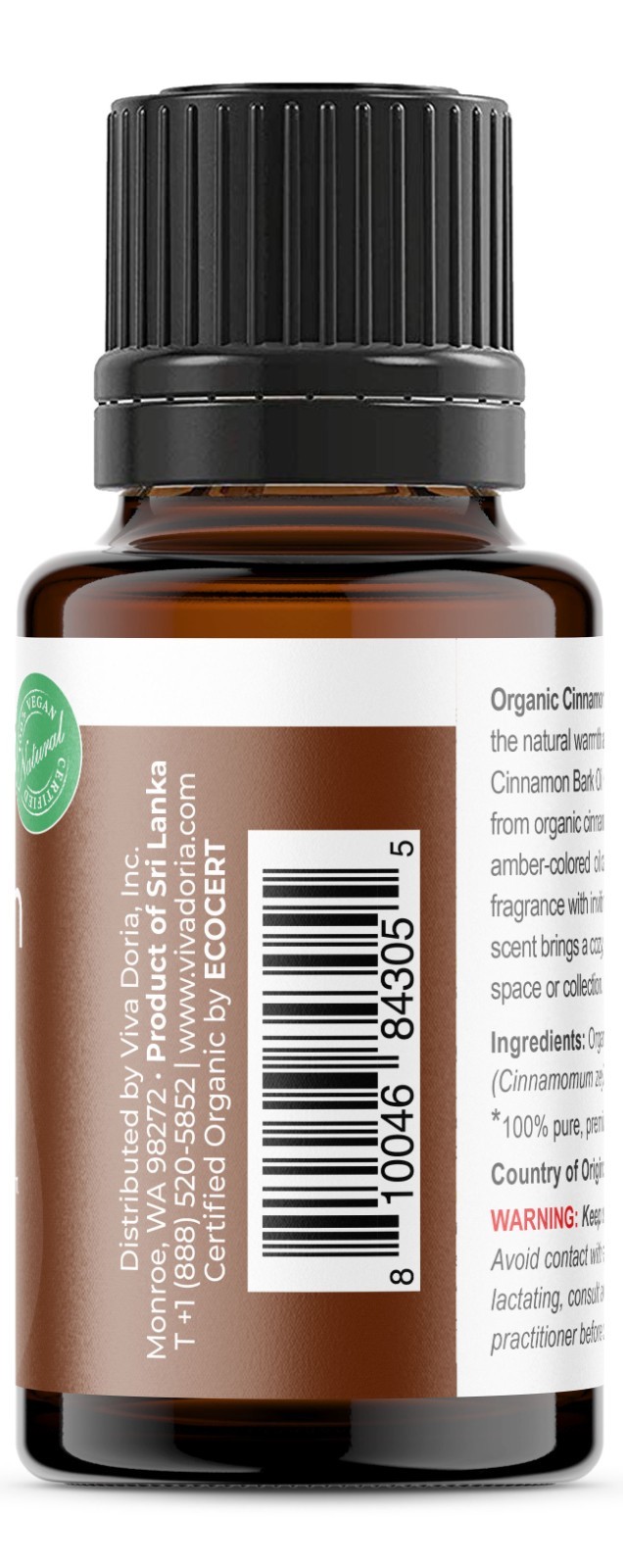 Viva Doria Pure Certified Organic Cinnamon Bark Essential Oil, Food Grade 15 mL