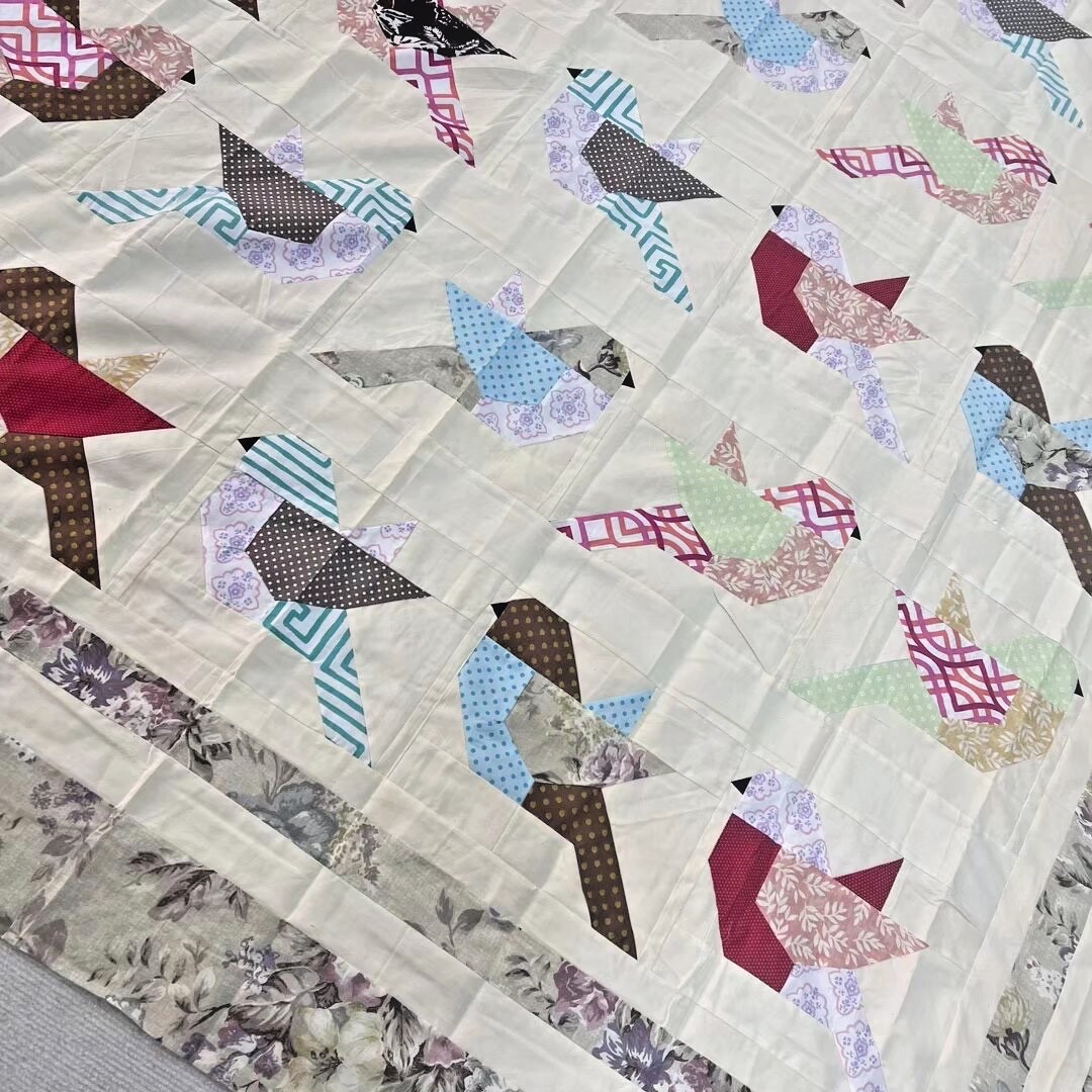 Handmade Colorful Birds Cotton Fabric Queen Size Patchwork quilt top/topper