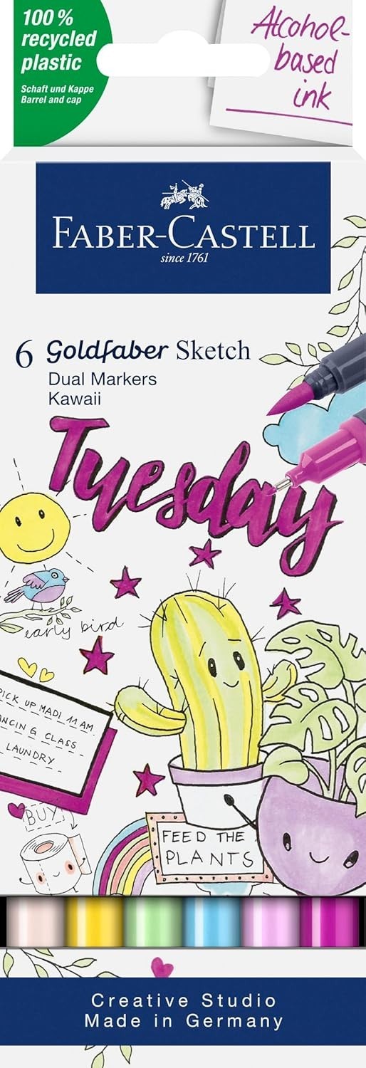 Faber-Castell Goldfaber Dual Tip Sketch Markers 6 pk Brush & Fineliner Tips NEW