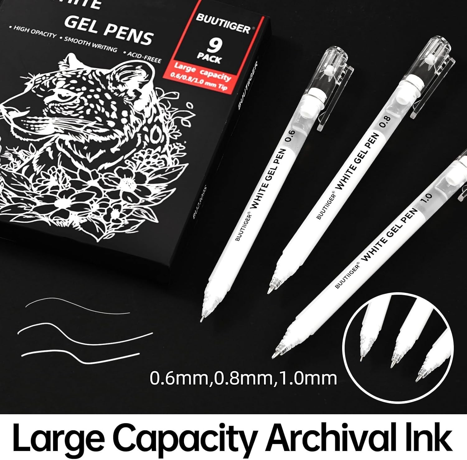 BUUTIIGER White Gel Pens – 0.6/0.8/1.0mm Fine Point Opaque White Archival Ink