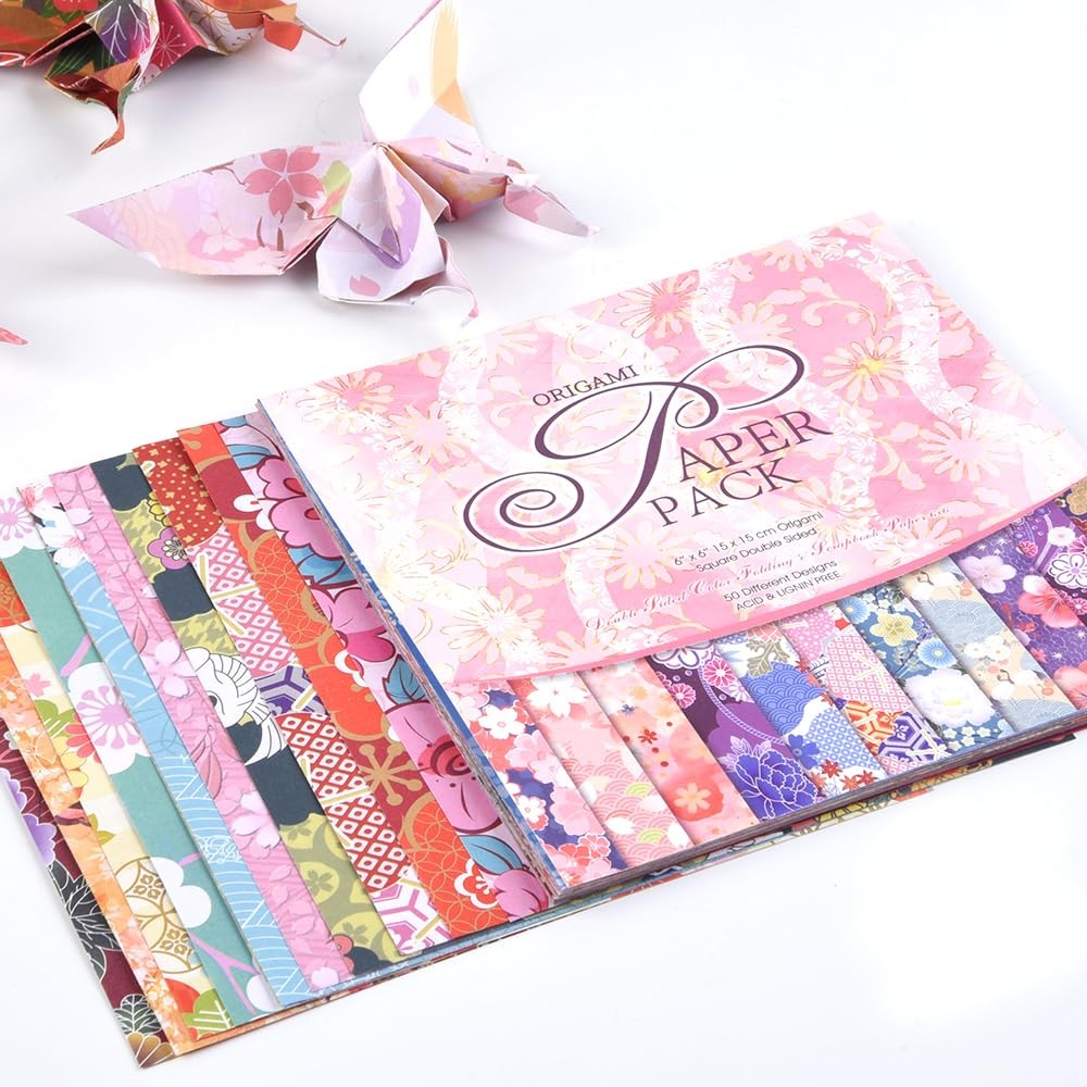Origami Paper Kit 50 Sheets 70GSM 6 Inch Square Double Sided Color 50 Vivid Japa