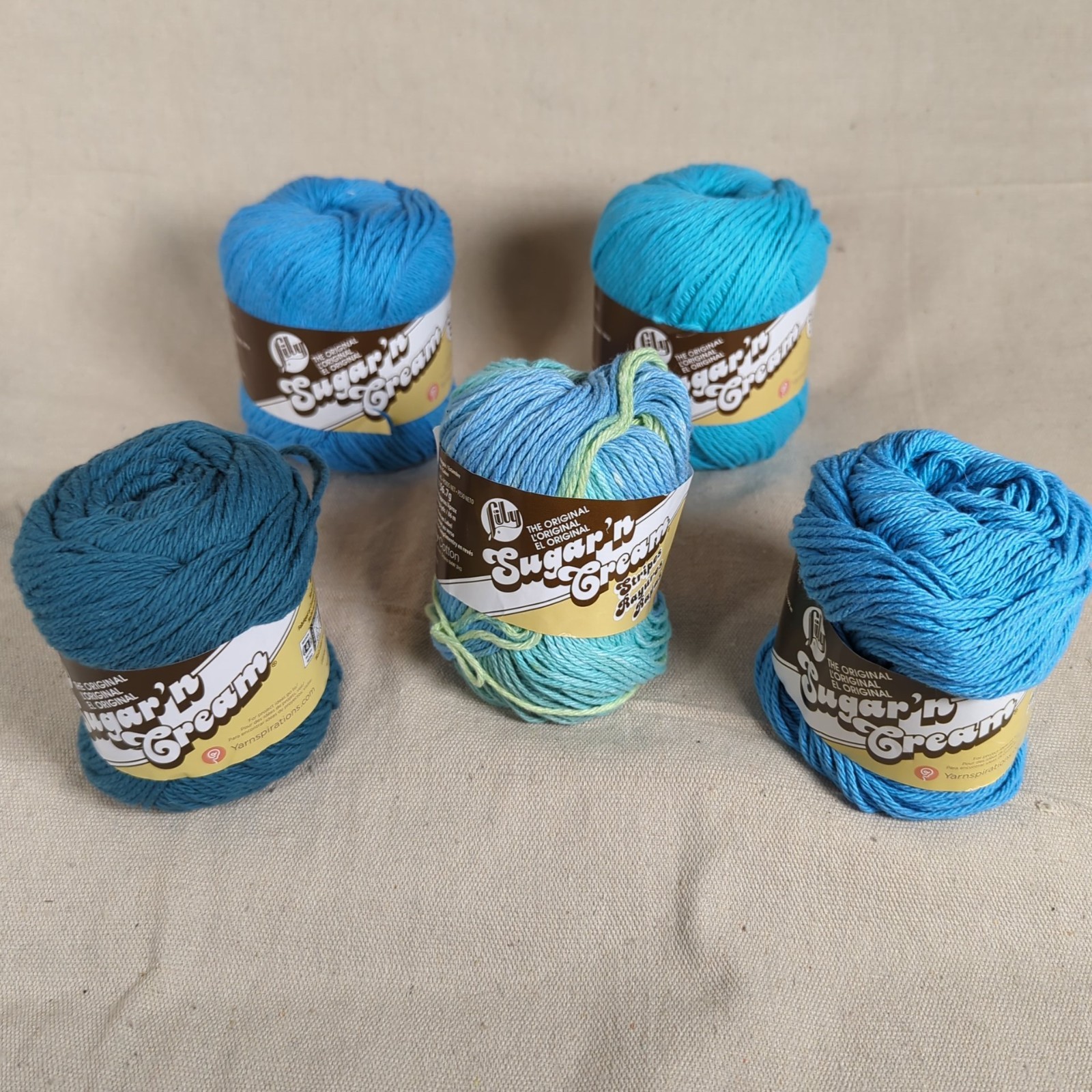 Lily Sugar ‘n Cream Cotton Yarn Blue/Green Mixed Lot 5 skein 4-ply Crochet Craft