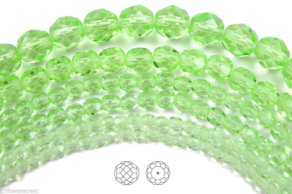 Czech Fire Polished Round Faceted Beads in Chrysolite color, 16” strand,lt.green