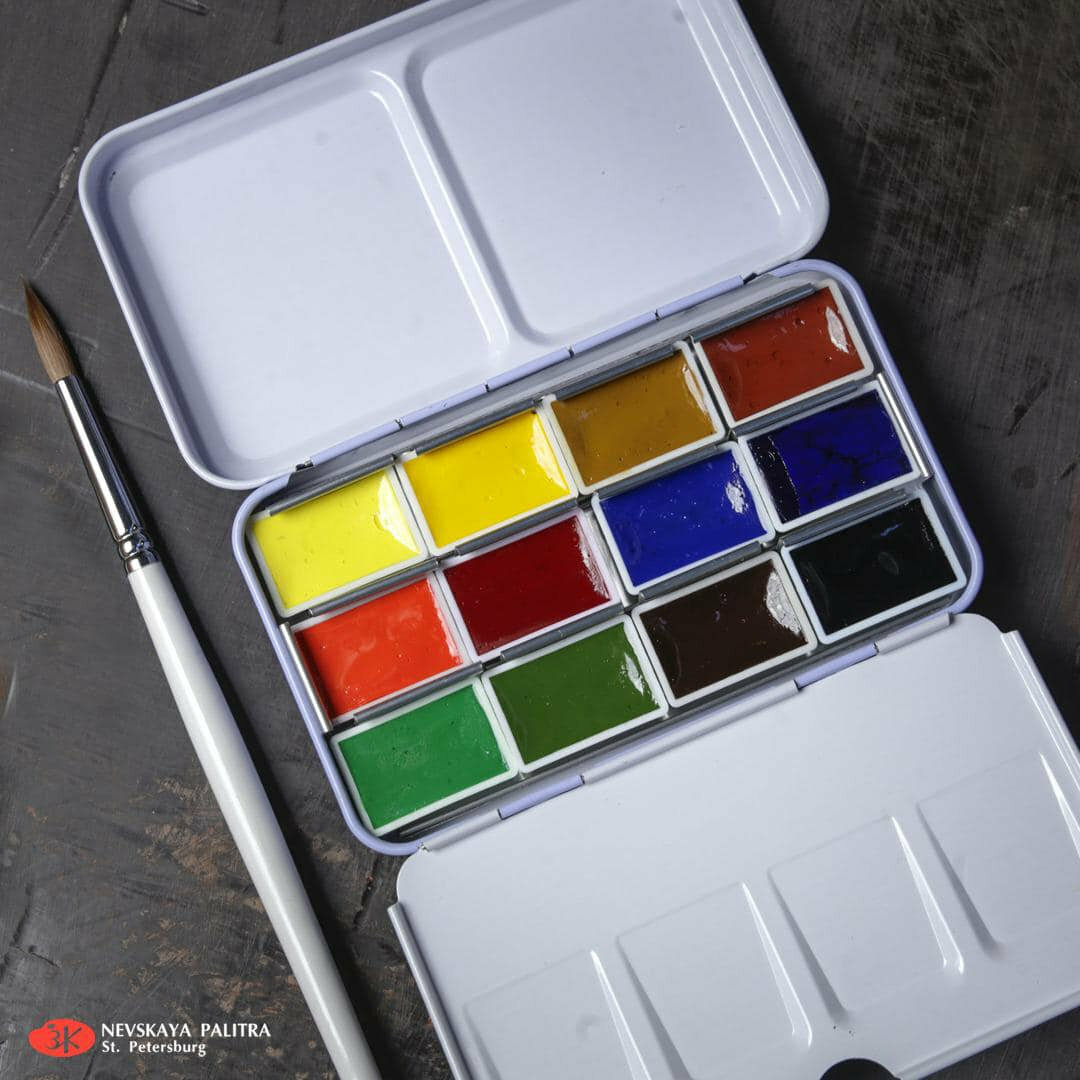 12 Watercolor Paint Set WHITE NIGHTS® Full Pan Tin Metal Box Palette Russian