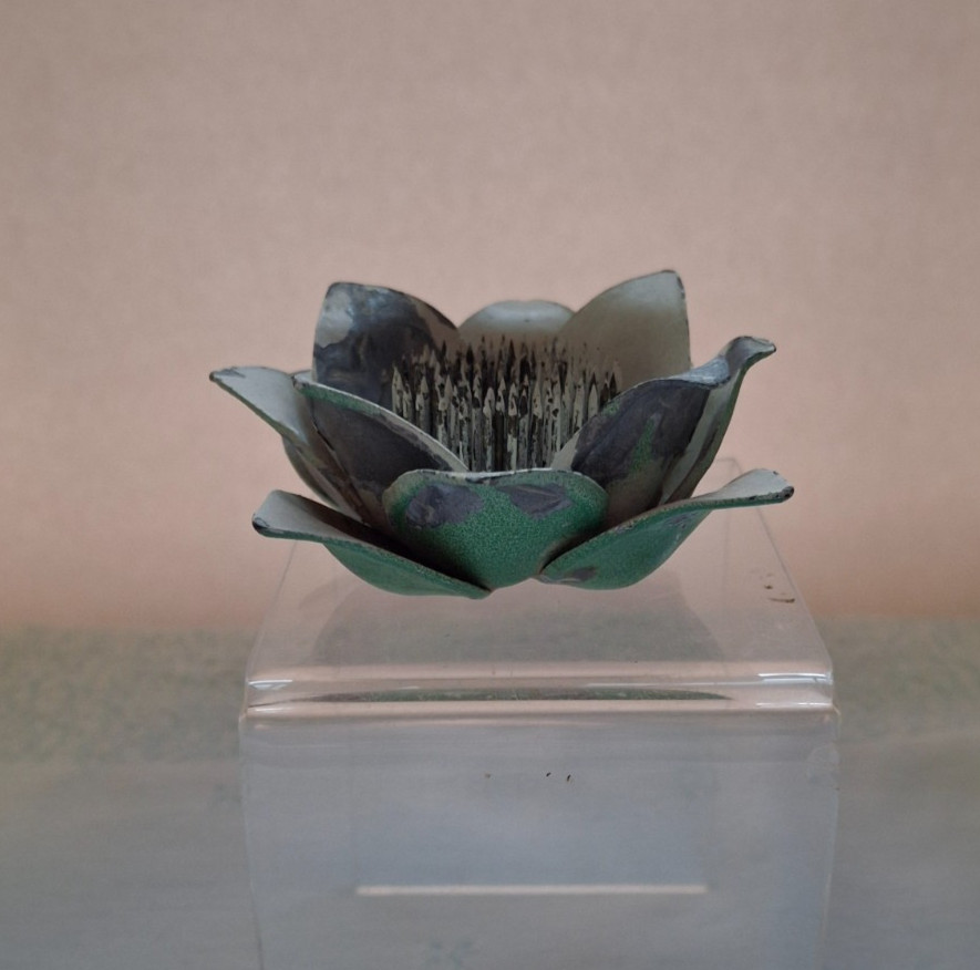 Vintage Heavy Metal Water Lily Lotus Figure Pin Flower Frog