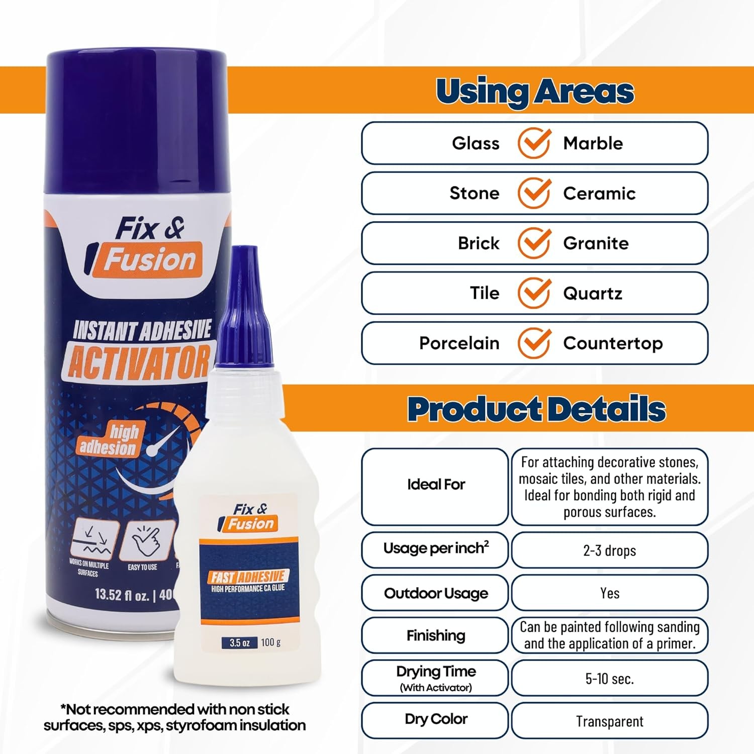 FIX & FUSION Super CA Glue (3.5 Oz) with Activator Spray (13.5 Fl Oz) Fast Adh.