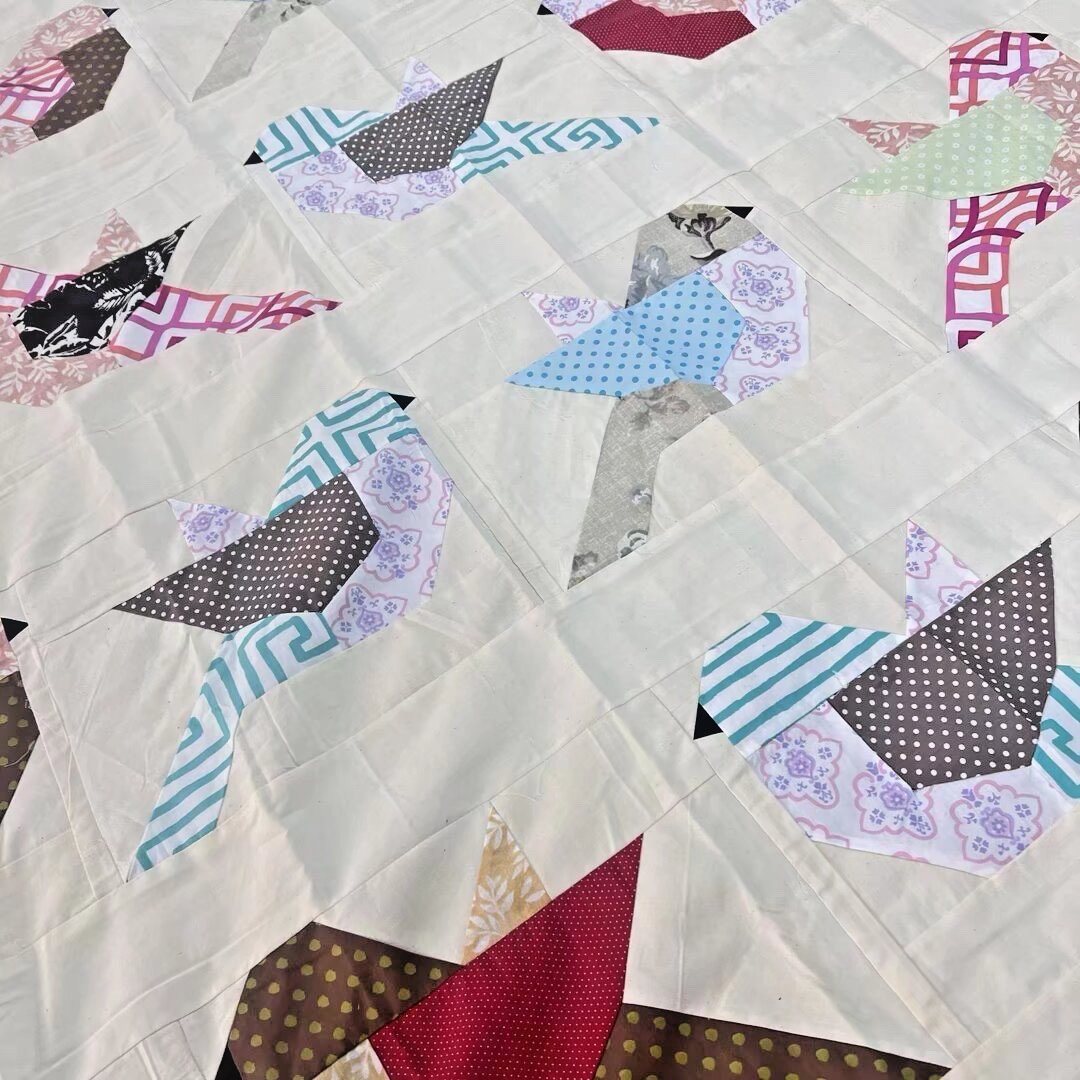 Handmade Colorful Birds Cotton Fabric Queen Size Patchwork quilt top/topper
