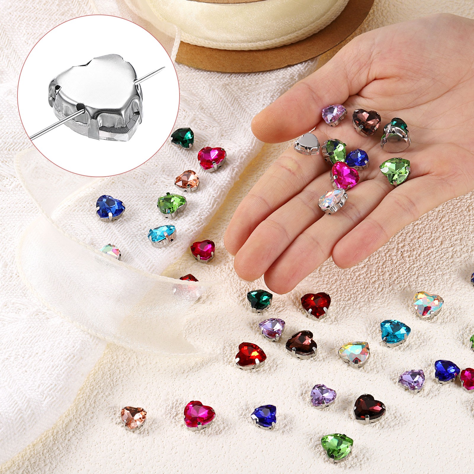 20Pcs Heart Sew on Rhinestone, 10x10mm Glass Rhinestones (White)