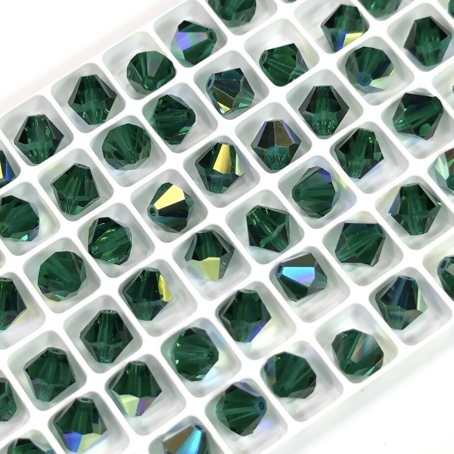 Czech Bicone Crystal Beads Emerald AB coated dark green Rondelle Diamond