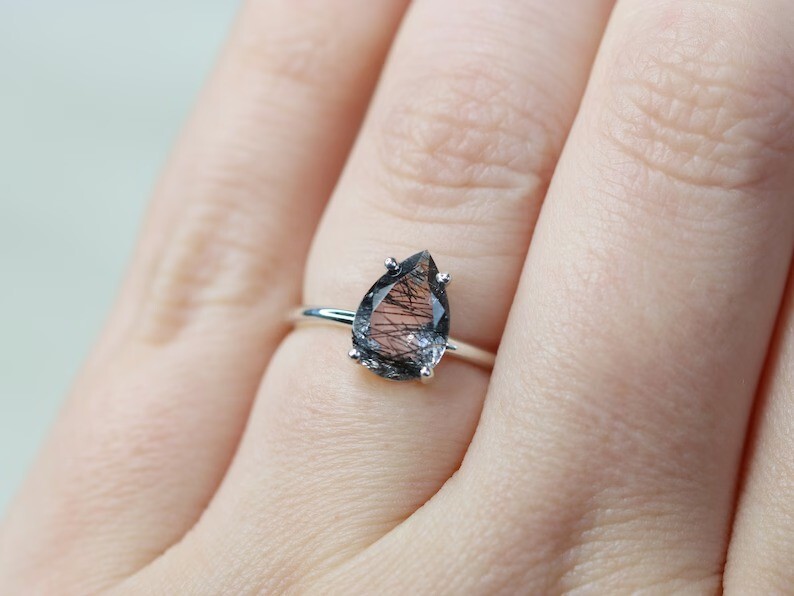 Pear Shaped Black Rutile Quartz Ring – Minimalist Silver Ring for Her