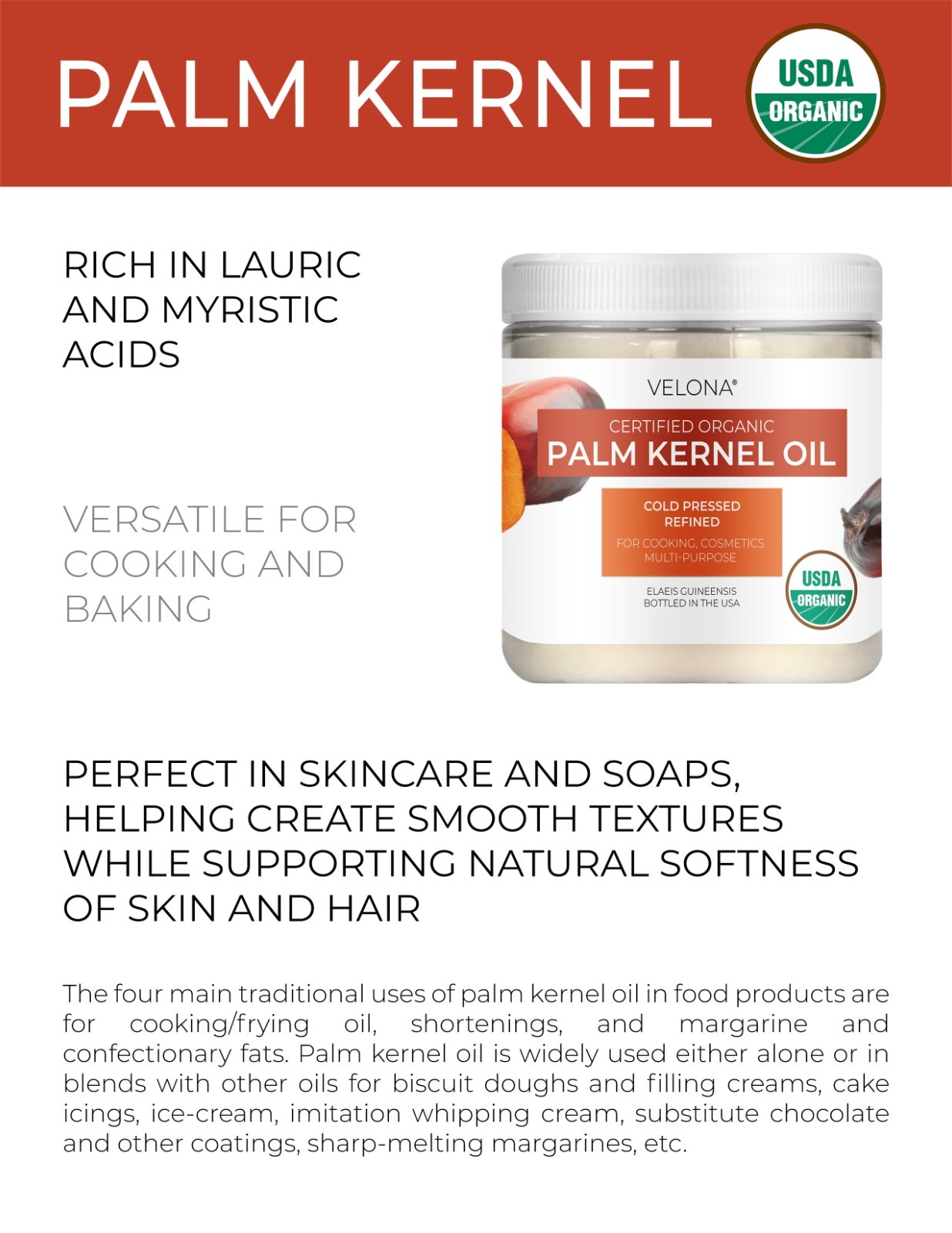 Velona USDA Certified Organic Palm Kernel Oil 16 oz Refined, Cold Pressed | Face