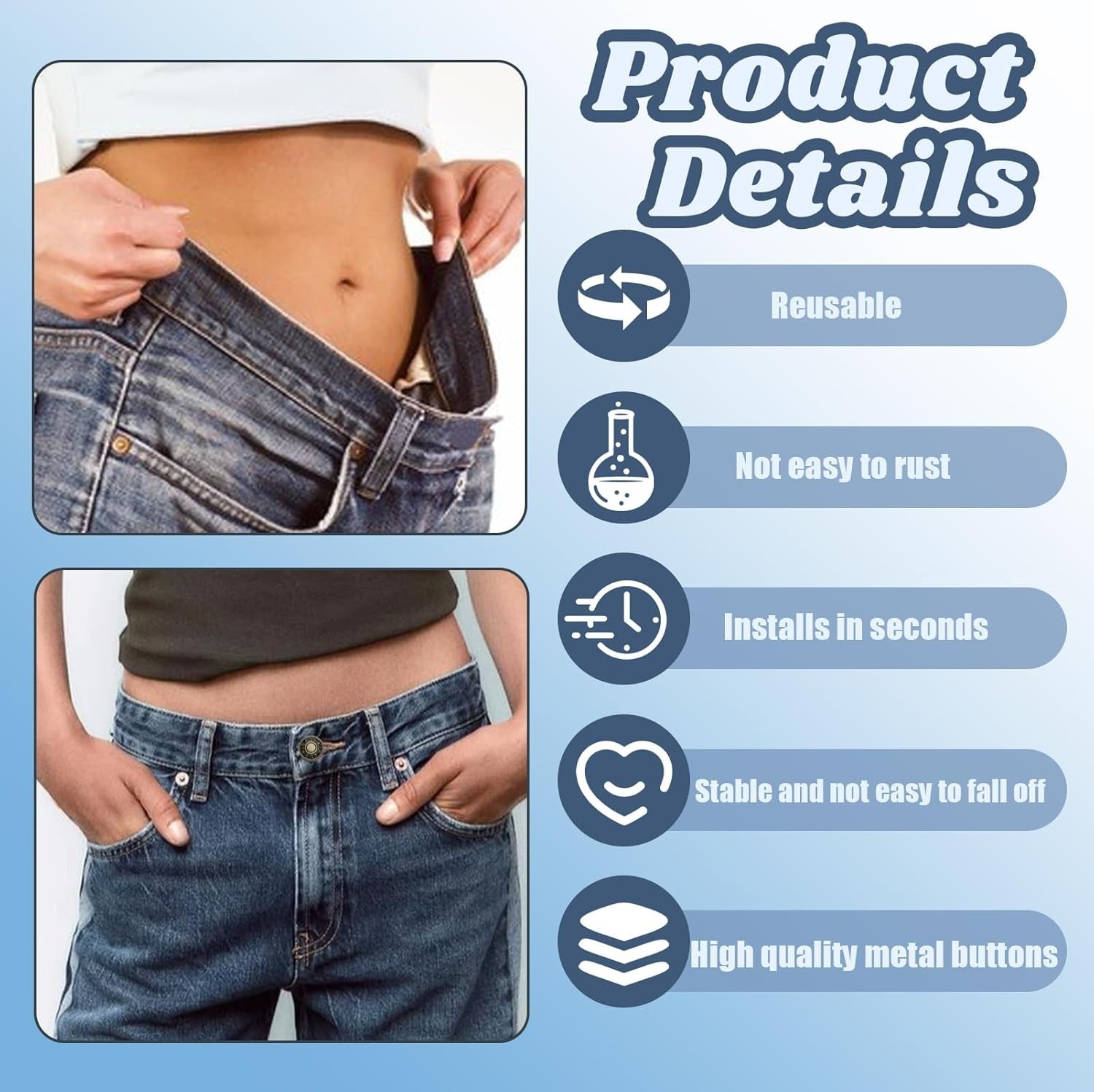 12 Sets, No-Sew Jeans Buttons Replacement – Metal Pants Buttons 17 mm 20 mm