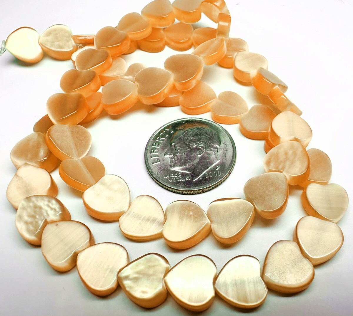 Bead, Orange Cat’s Eye Fiber Optic Glass 8mm Flat Heart 1 Strand(50)*