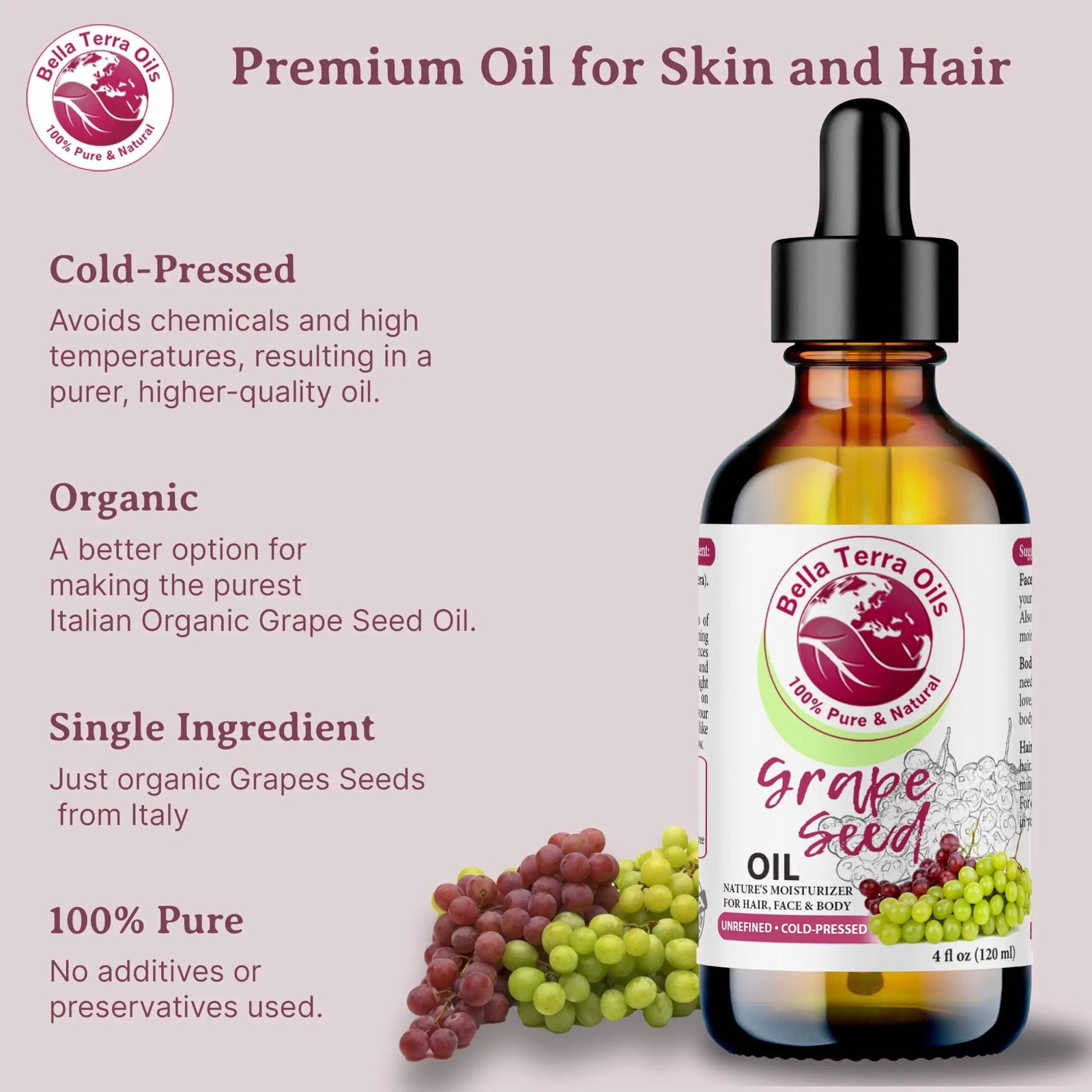 Cold-Pressed Grape Seed Oil 100% Pure Skin Hair Massage Moisturizer Carrier