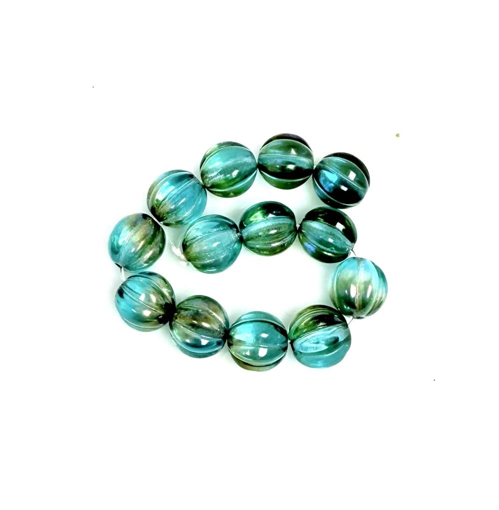 12 Czech Glass Fluted Melon Beads Corrugated – Aquamarine Blue – Celsian 8mm