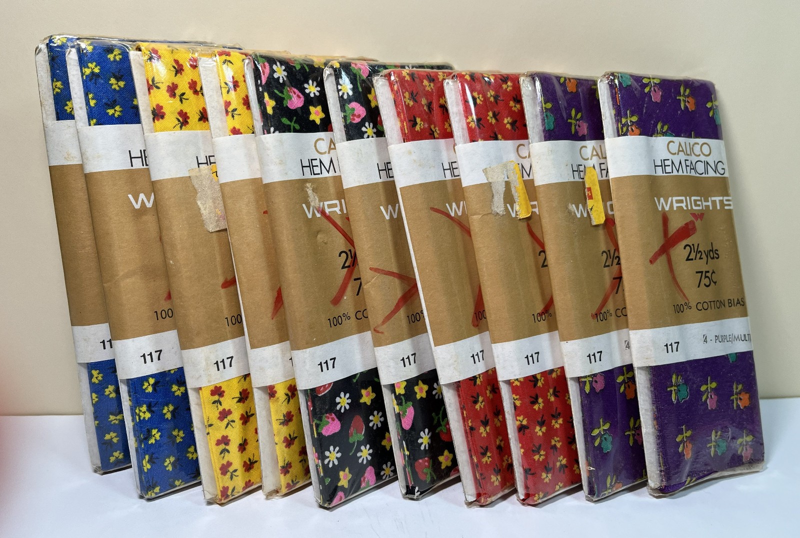 New Old Stock, 10 Calico Sewing Binding, Hem Facing Packages, Bright Colors!!