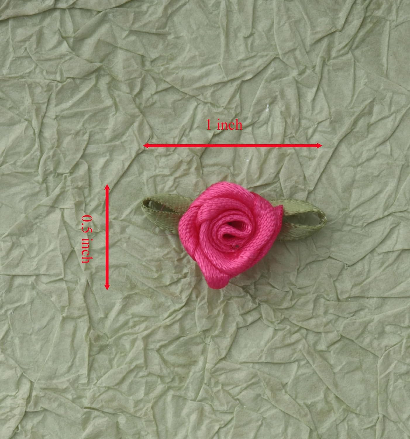 50 Pcs Satin Roses with Green Leaves Mini Cute Ribbon Bows Fabric Artificial Flo