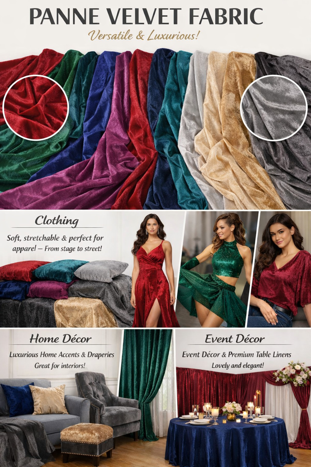 100% Panne Velvet Velour Fabric by The Yard