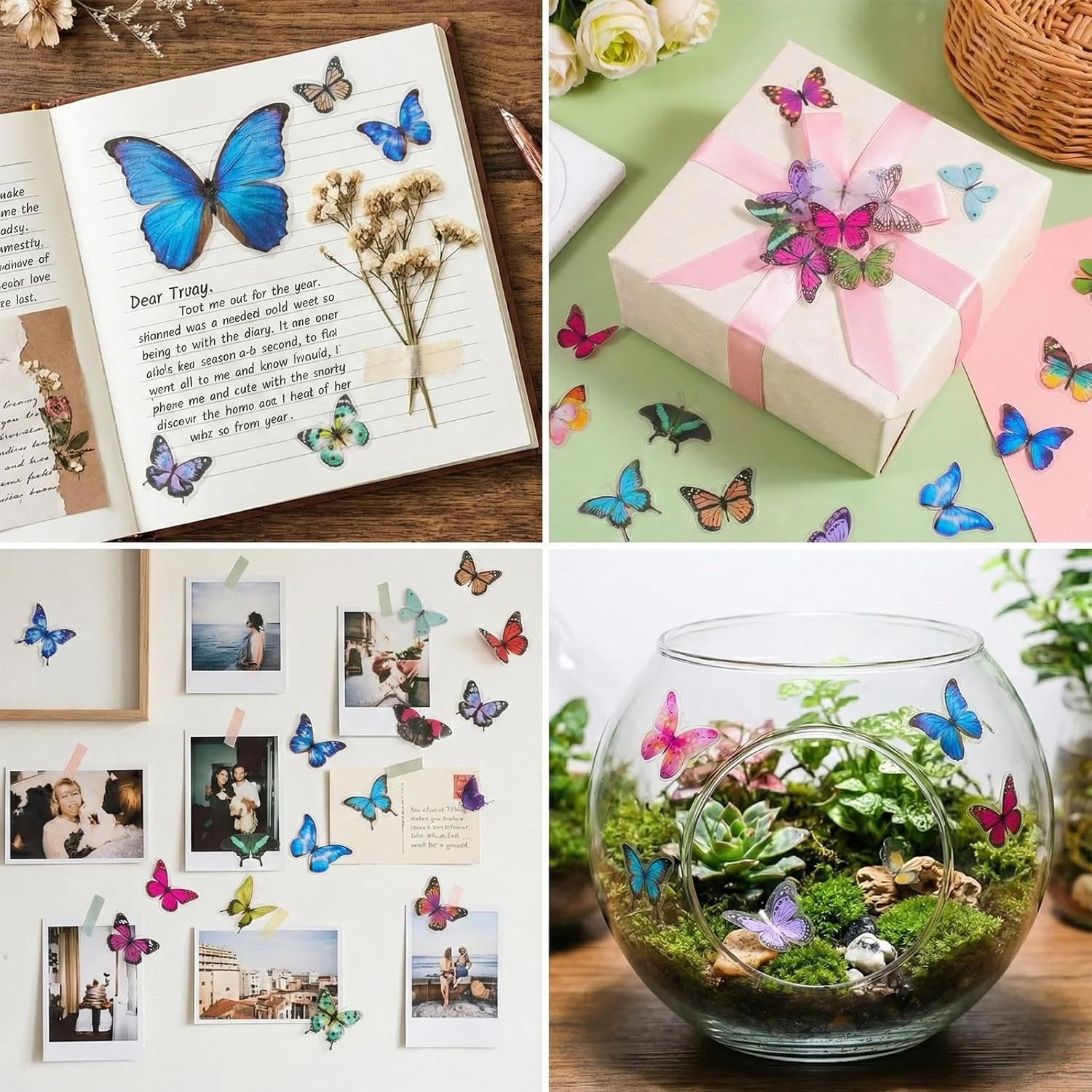 240PCS Butterfly Stickers, PET Waterproof Transparent Colorful Resin Decals Deco